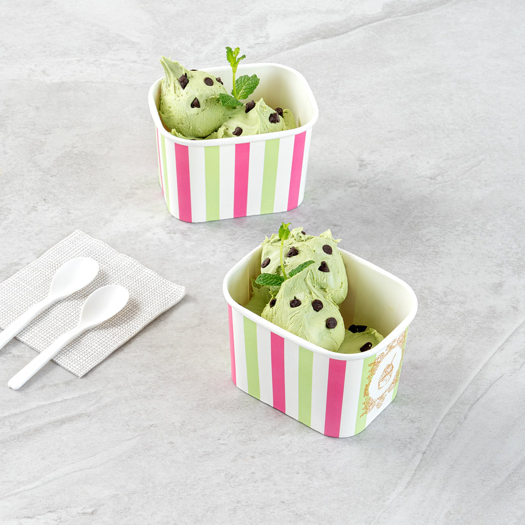 Coppetta 12 oz Square Green And Pink Stripe Paper To Go Cup - 4 1/4" x 3 1/4" x 2 3/4" - 200 count box