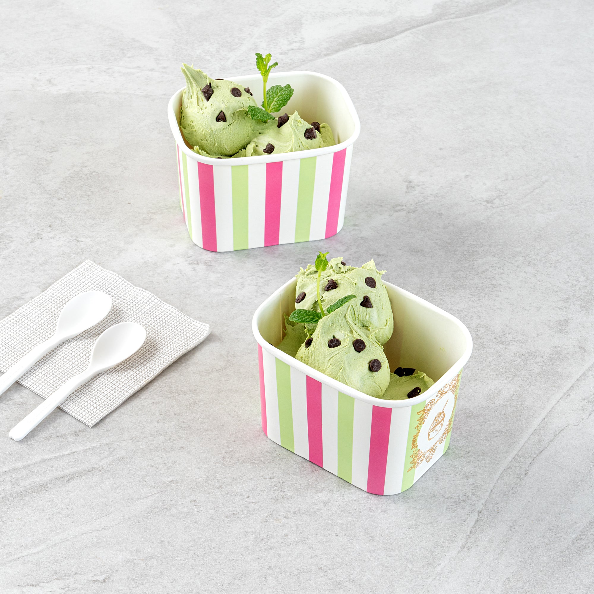 Coppetta 12 oz Square Green And Pink Stripe Paper To Go Cup - 4 1/4" x 3 1/4" x 2 3/4" - 200 count box