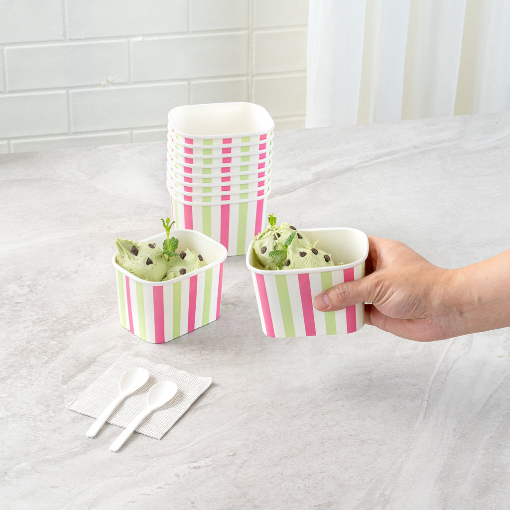 Coppetta 12 oz Square Green And Pink Stripe Paper To Go Cup - 4 1/4" x 3 1/4" x 2 3/4" - 200 count box