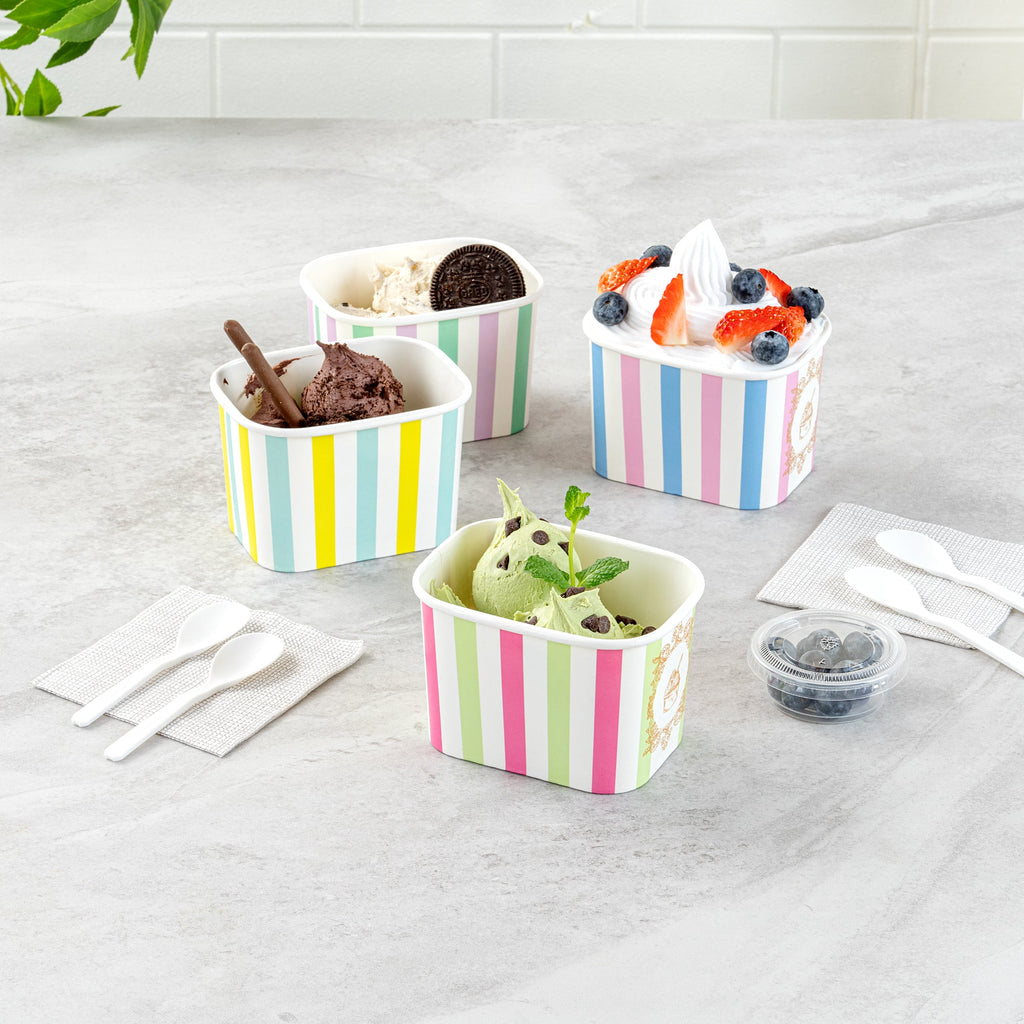 Coppetta 12 oz Square Green And Pink Stripe Paper To Go Cup - 4 1/4" x 3 1/4" x 2 3/4" - 200 count box