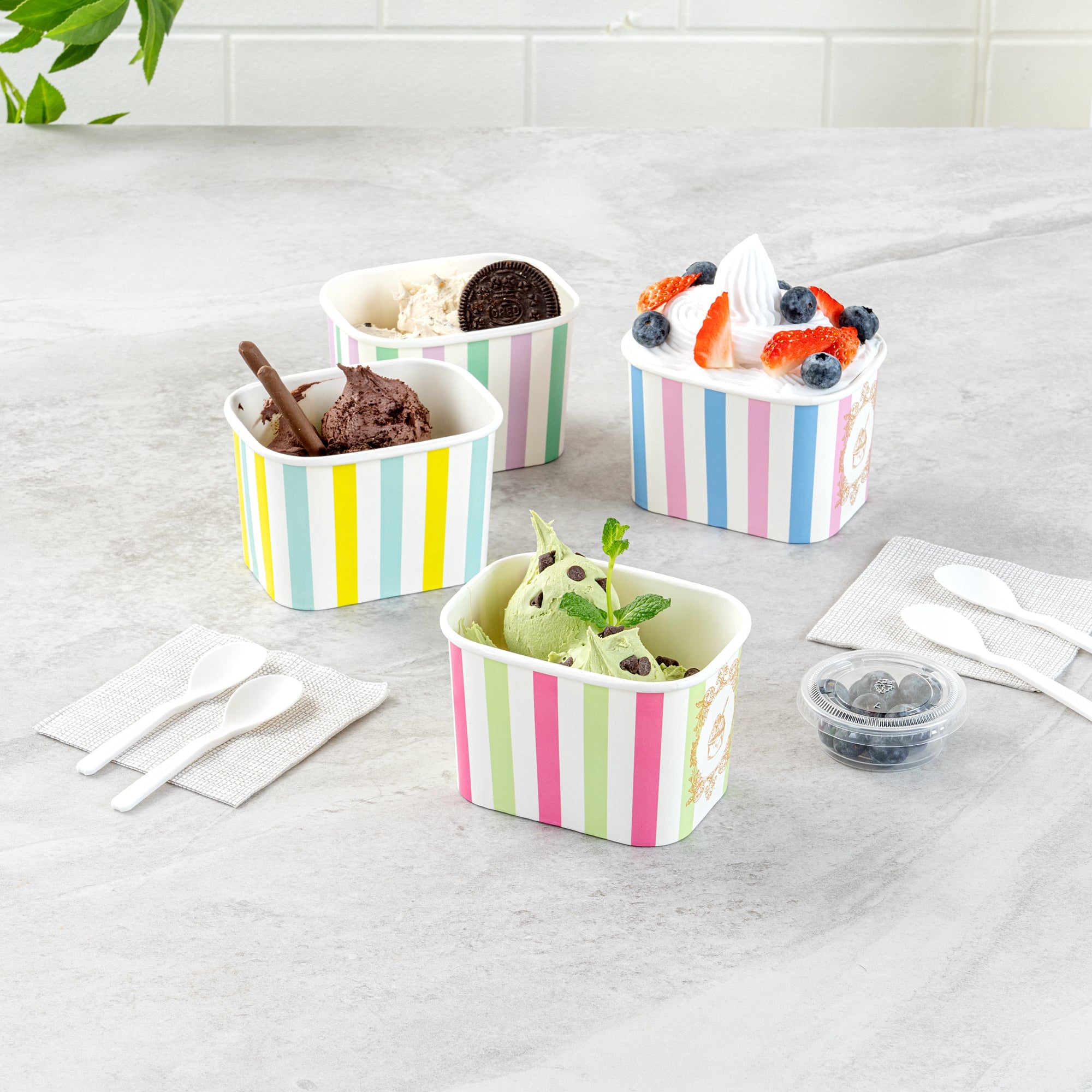 Coppetta 12 oz Square Green And Pink Stripe Paper To Go Cup - 4 1/4" x 3 1/4" x 2 3/4" - 200 count box