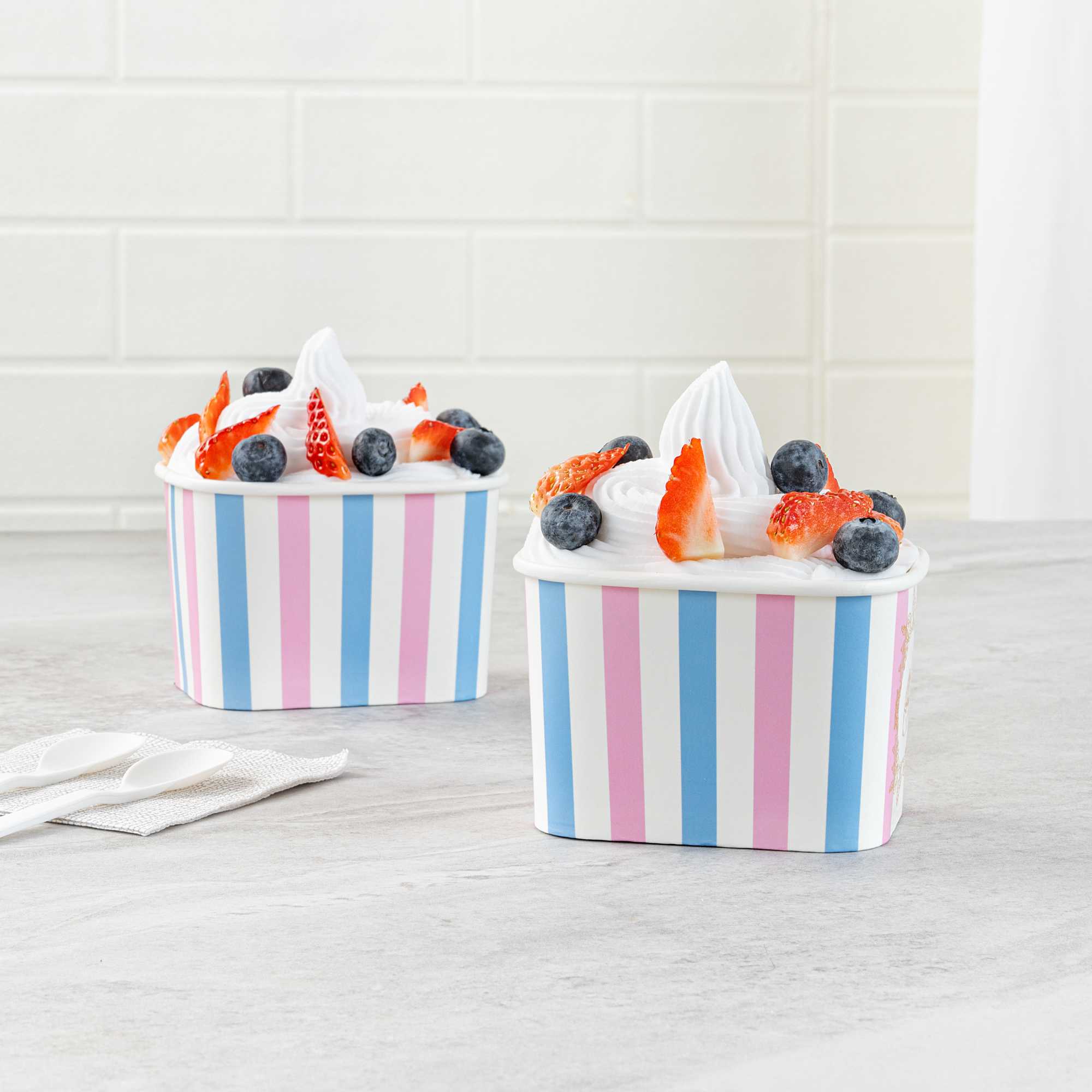 Coppetta 12 oz Square Pink And Blue Stripe Paper To Go Cup - 4 1/4" x 3 1/4" x 2 3/4" - 50 count box