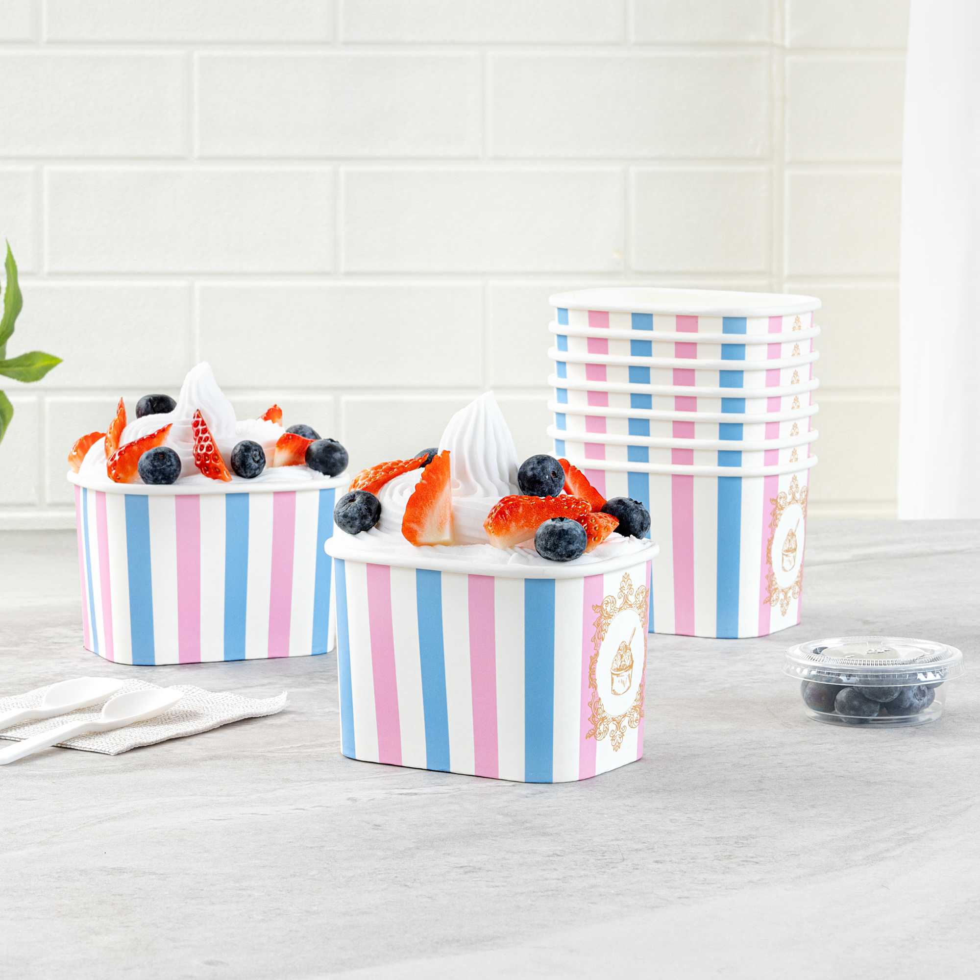 Coppetta 12 oz Square Pink And Blue Stripe Paper To Go Cup - 4 1/4" x 3 1/4" x 2 3/4" - 50 count box