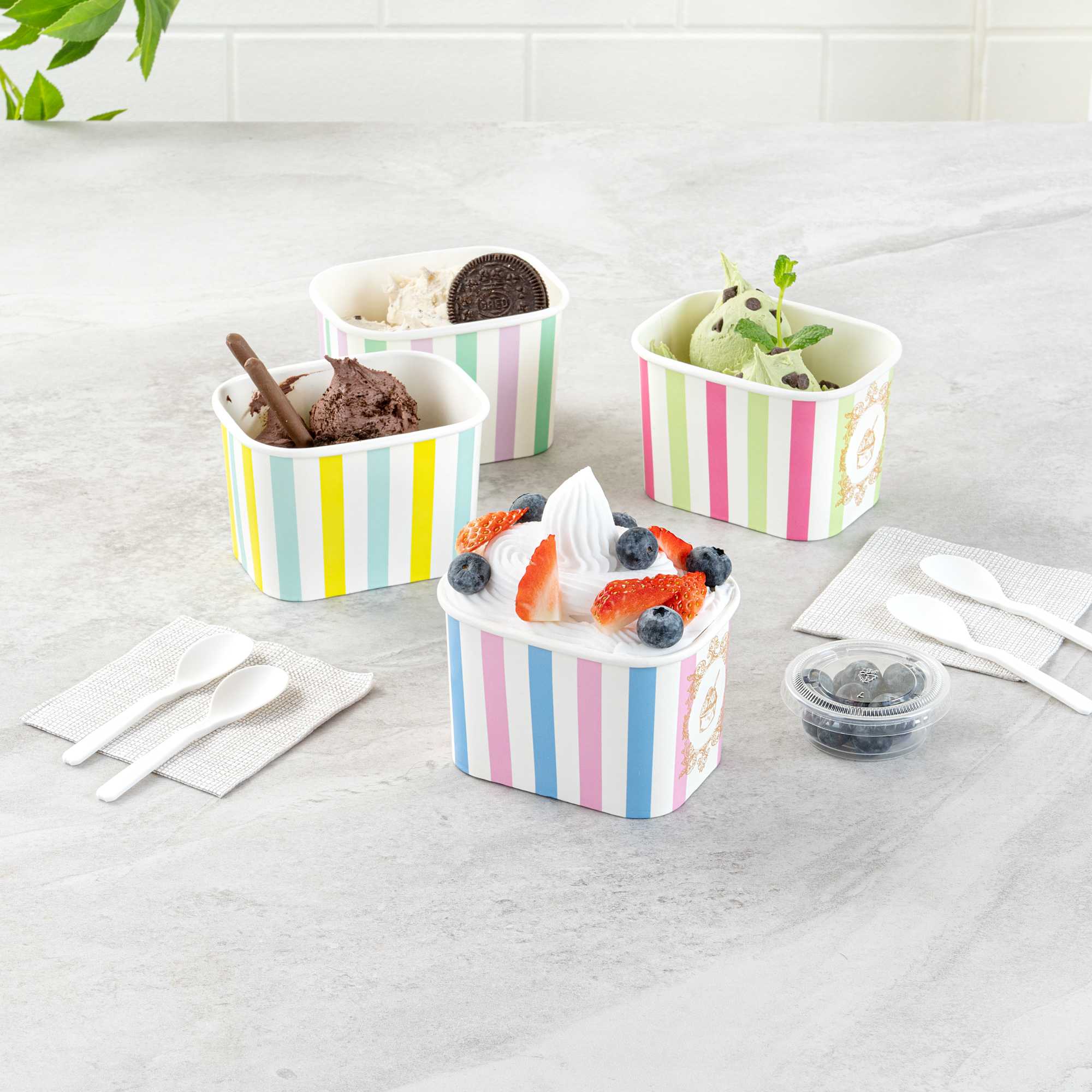 Coppetta 12 oz Square Pink And Blue Stripe Paper To Go Cup - 4 1/4" x 3 1/4" x 2 3/4" - 50 count box