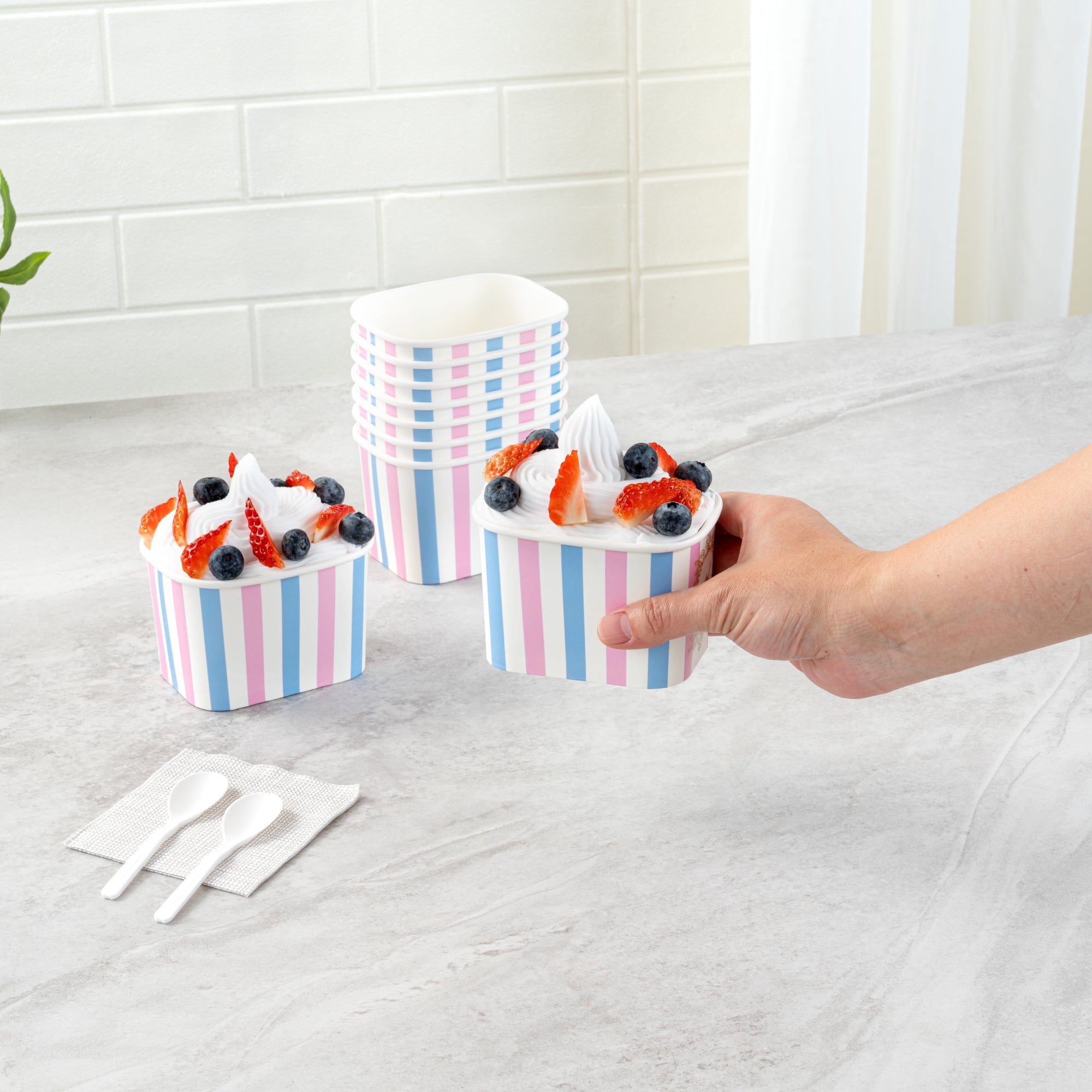 Coppetta 12 oz Square Pink And Blue Stripe Paper To Go Cup - 4 1/4" x 3 1/4" x 2 3/4" - 200 count box