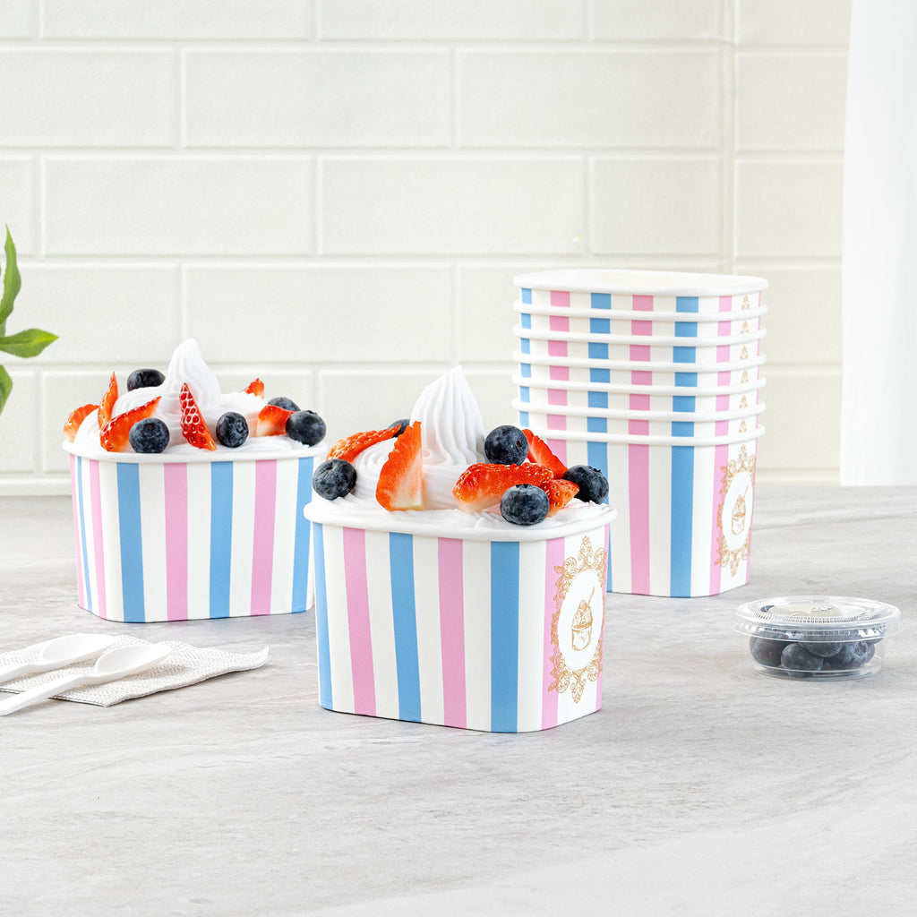 Coppetta 12 oz Square Pink And Blue Stripe Paper To Go Cup - 4 1/4" x 3 1/4" x 2 3/4" - 200 count box