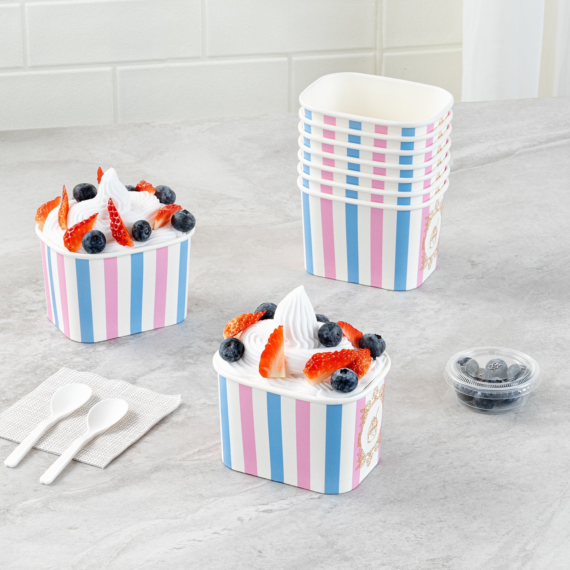 Coppetta 12 oz Square Pink And Blue Stripe Paper To Go Cup - 4 1/4" x 3 1/4" x 2 3/4" - 200 count box