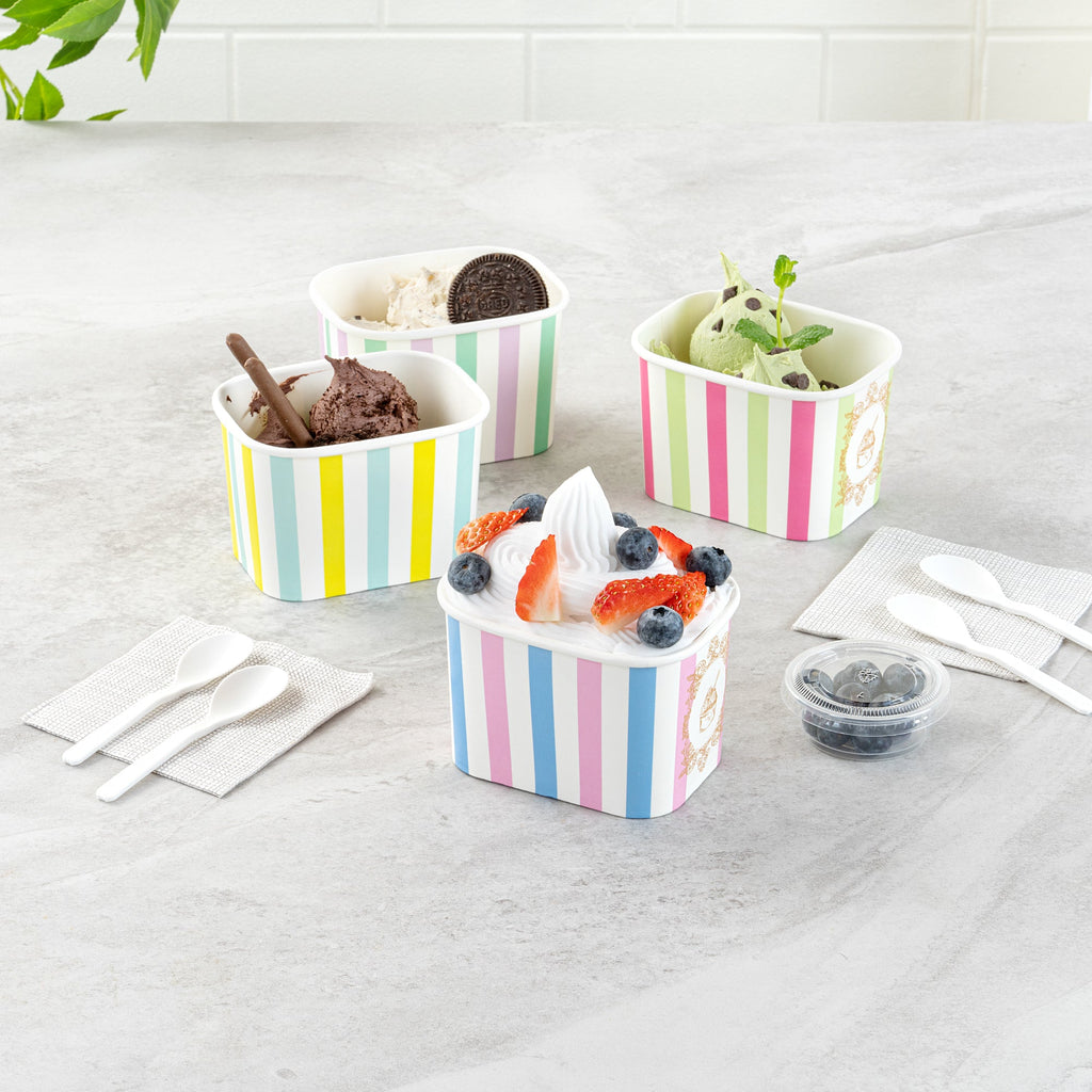 Coppetta 12 oz Square Pink And Blue Stripe Paper To Go Cup - 4 1/4" x 3 1/4" x 2 3/4" - 200 count box