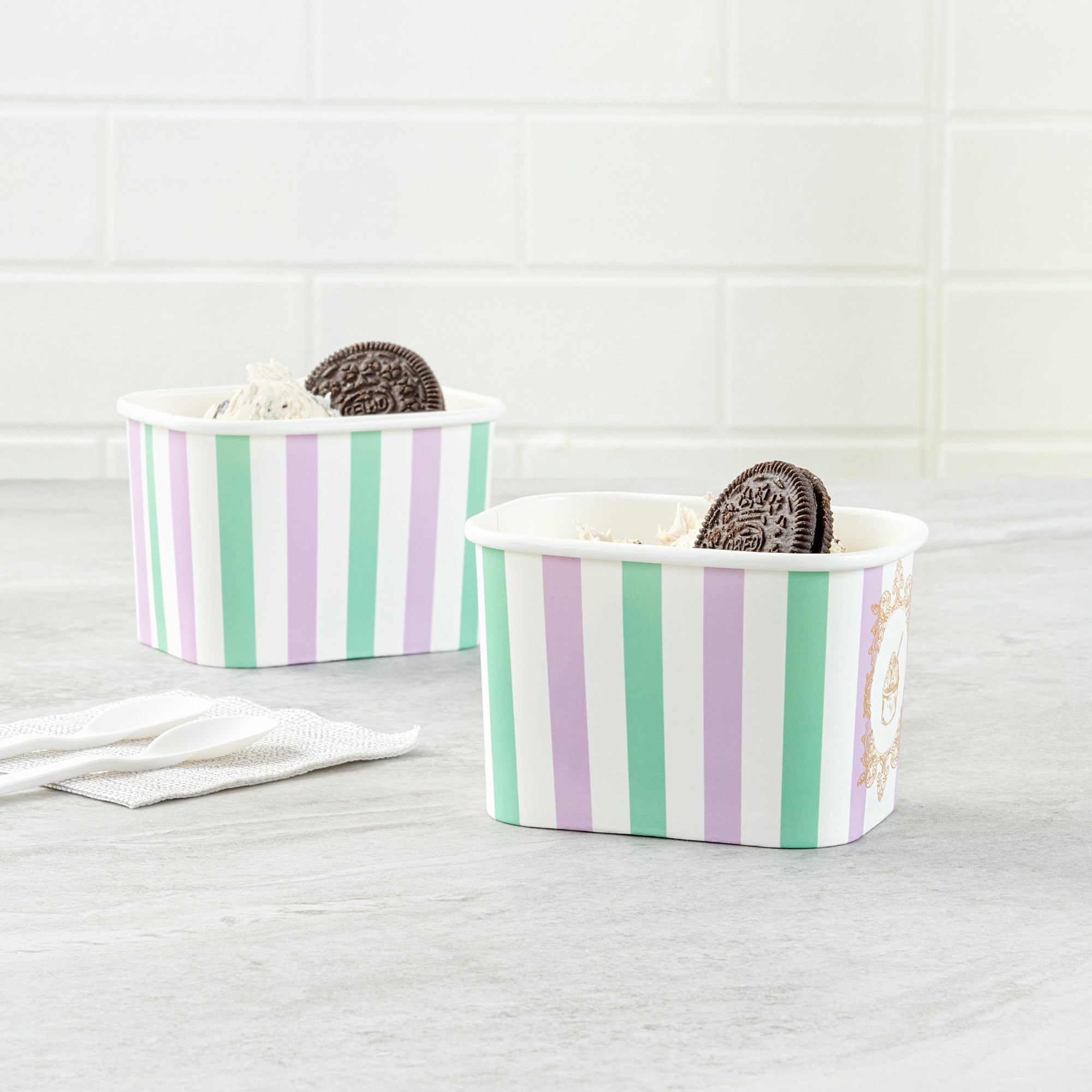 Coppetta 12 oz Square Purple And Blue Stripe Paper To Go Cup - 4 1/4" x 3 1/4" x 2 3/4" - 200 count box