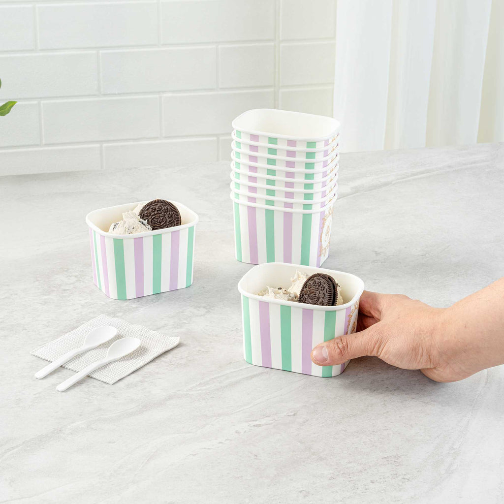 Coppetta 12 oz Square Purple And Blue Stripe Paper To Go Cup - 4 1/4" x 3 1/4" x 2 3/4" - 50 count box