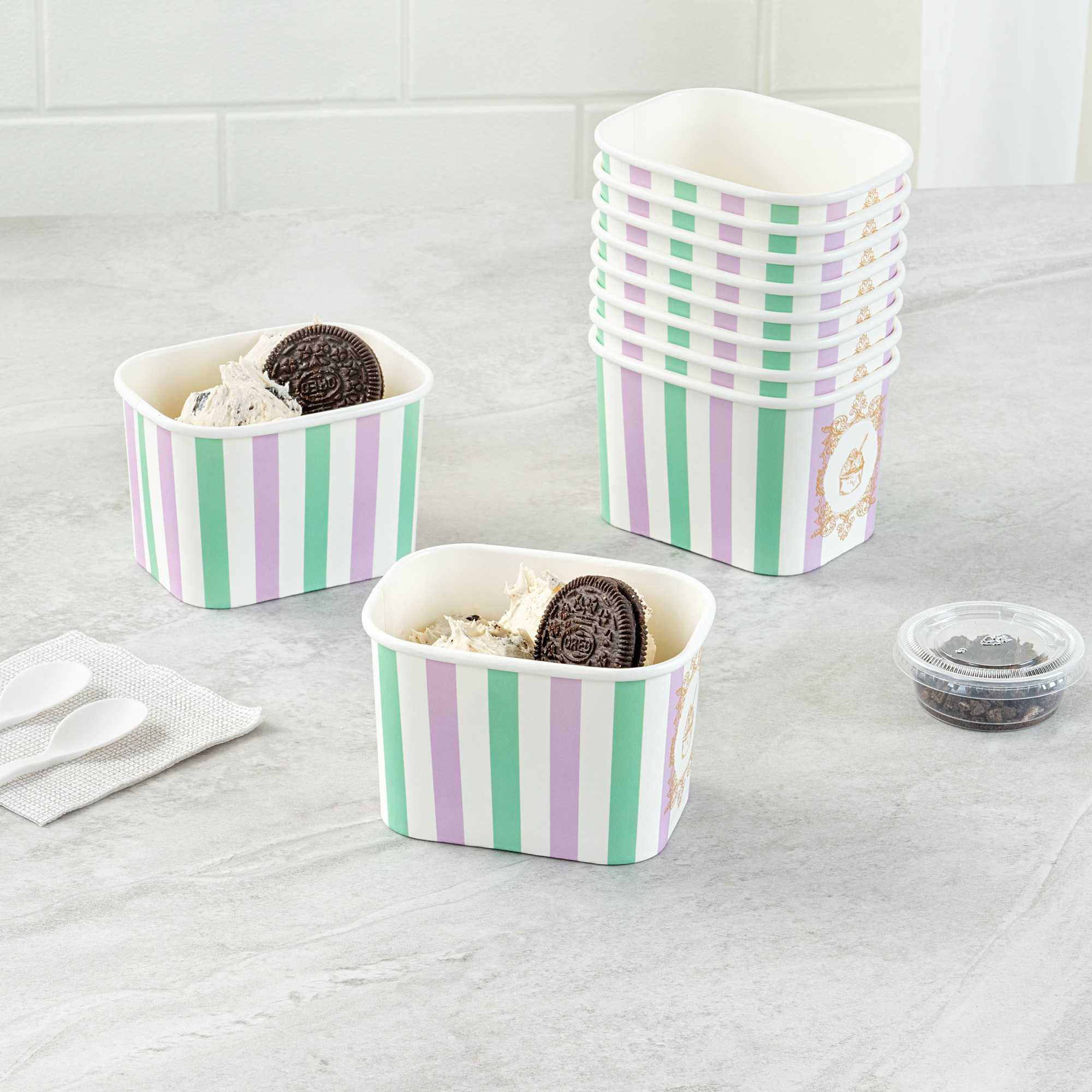 Coppetta 12 oz Square Purple And Blue Stripe Paper To Go Cup - 4 1/4" x 3 1/4" x 2 3/4" - 50 count box