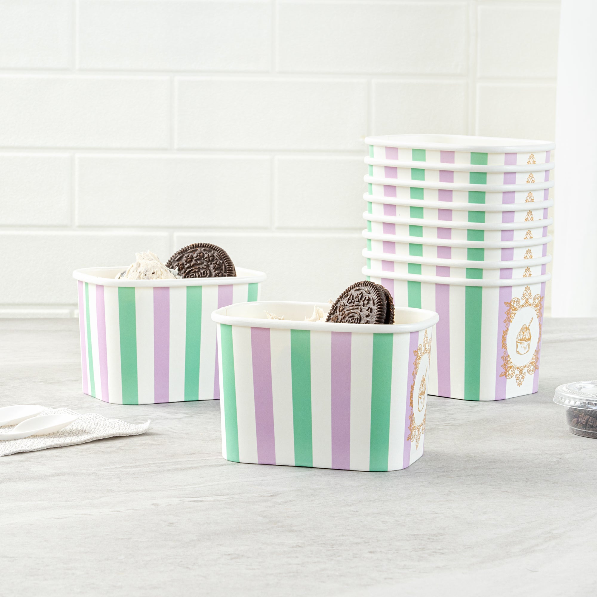 Coppetta 12 oz Square Purple And Blue Stripe Paper To Go Cup - 4 1/4" x 3 1/4" x 2 3/4" - 200 count box