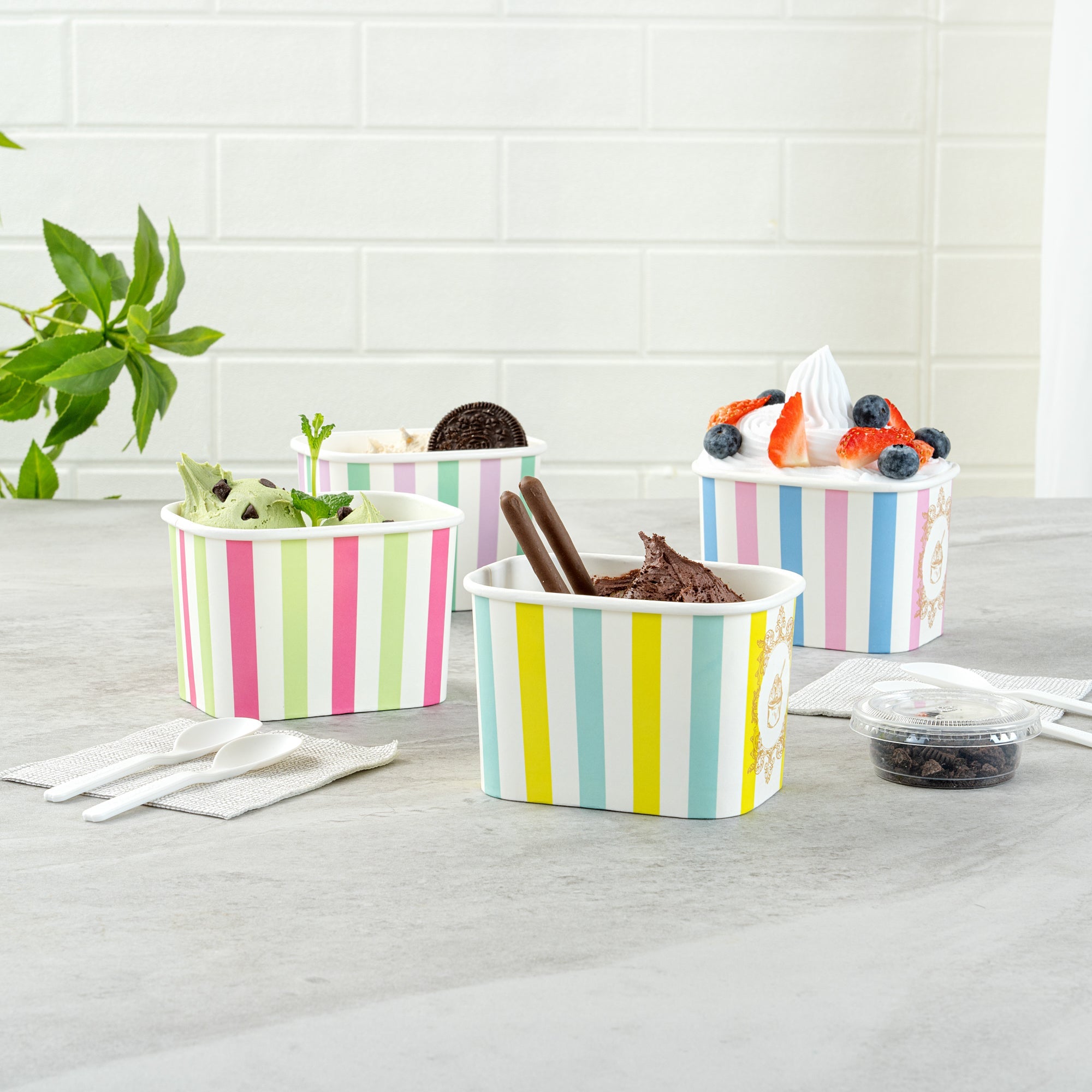 Coppetta 12 oz Square Assorted Stripes Paper To Go Cup - 4 1/4" x 3 1/4" x 2 3/4" - 200 count box