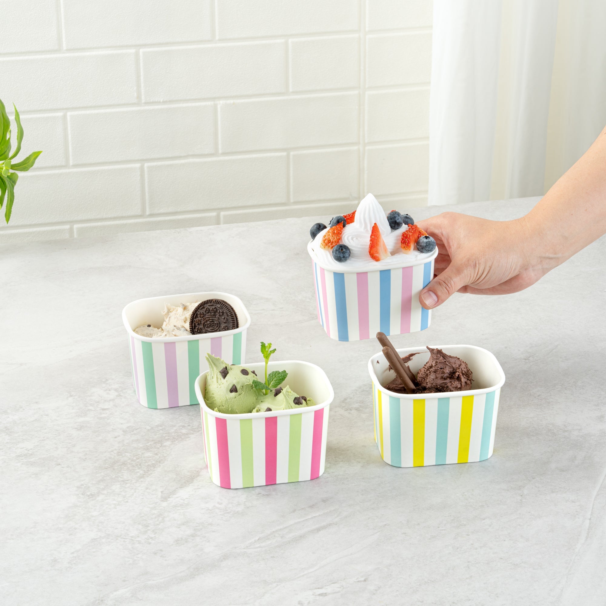 Coppetta 12 oz Square Assorted Stripes Paper To Go Cup - 4 1/4" x 3 1/4" x 2 3/4" - 200 count box