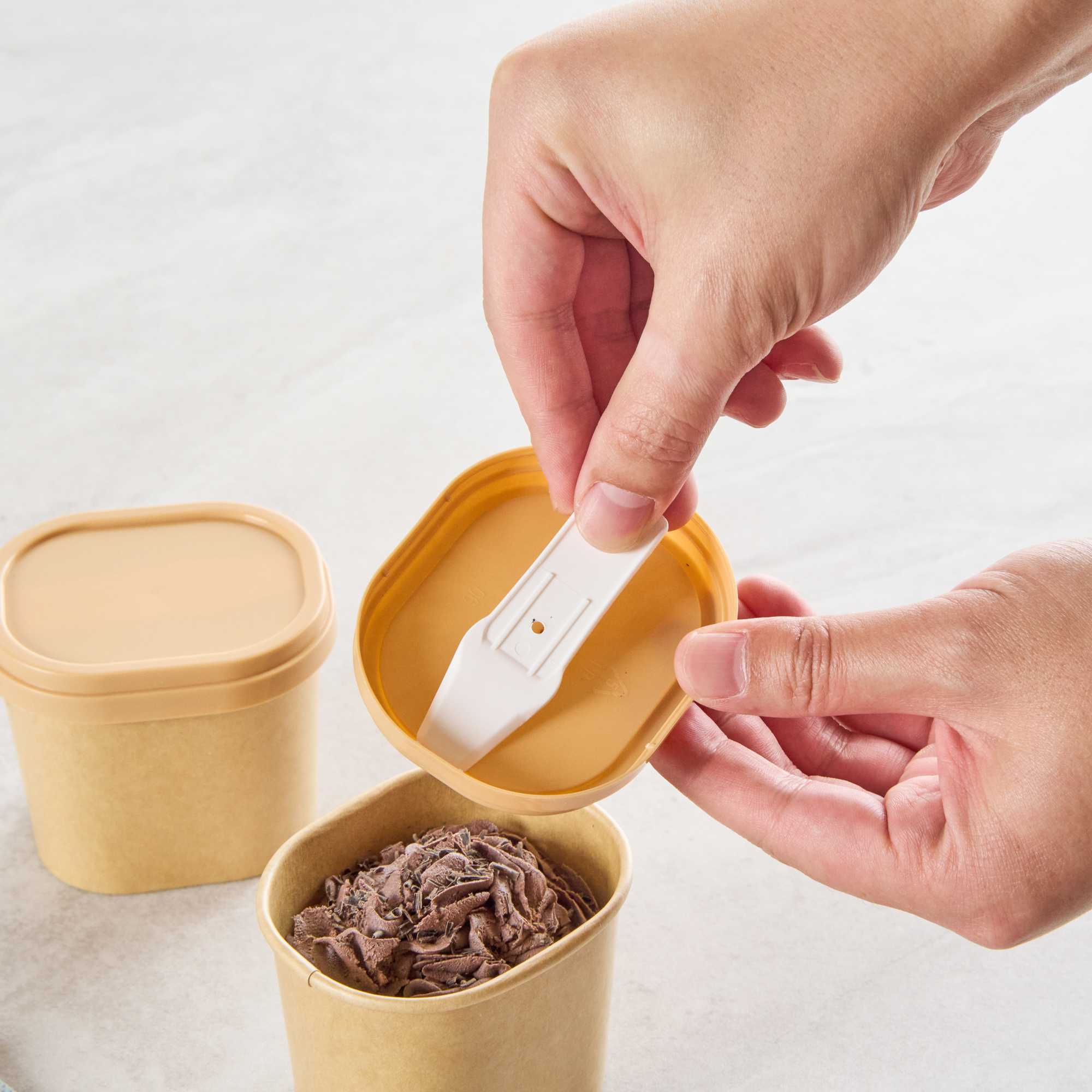 Coppetta Square Brown Plastic Lid - Fits 4 oz To Go Cup, with Spoon - 50 count box