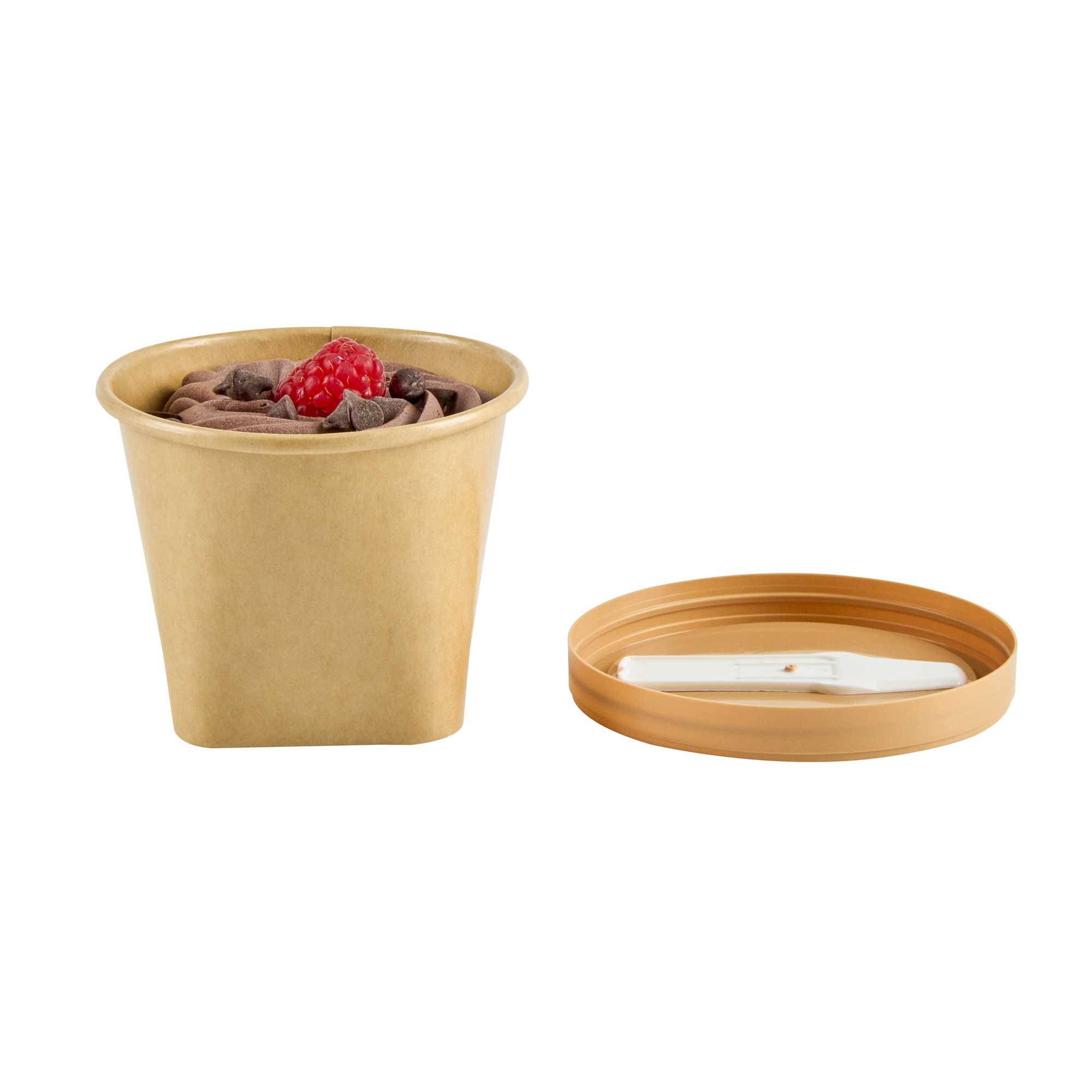 Coppetta Round Brown Plastic Lid - Fits 6 and 13 oz To Go Cups, with Spoon - 50 count box
