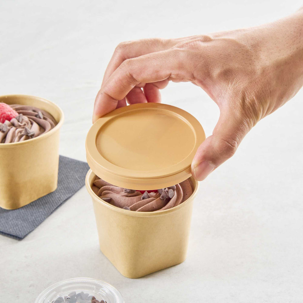 Coppetta Round Brown Plastic Lid - Fits 6 and 13 oz To Go Cups, with Spoon - 50 count box