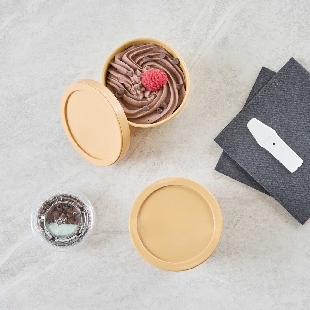Coppetta Round Brown Plastic Lid - Fits 6 and 13 oz To Go Cups, with Spoon - 50 count box
