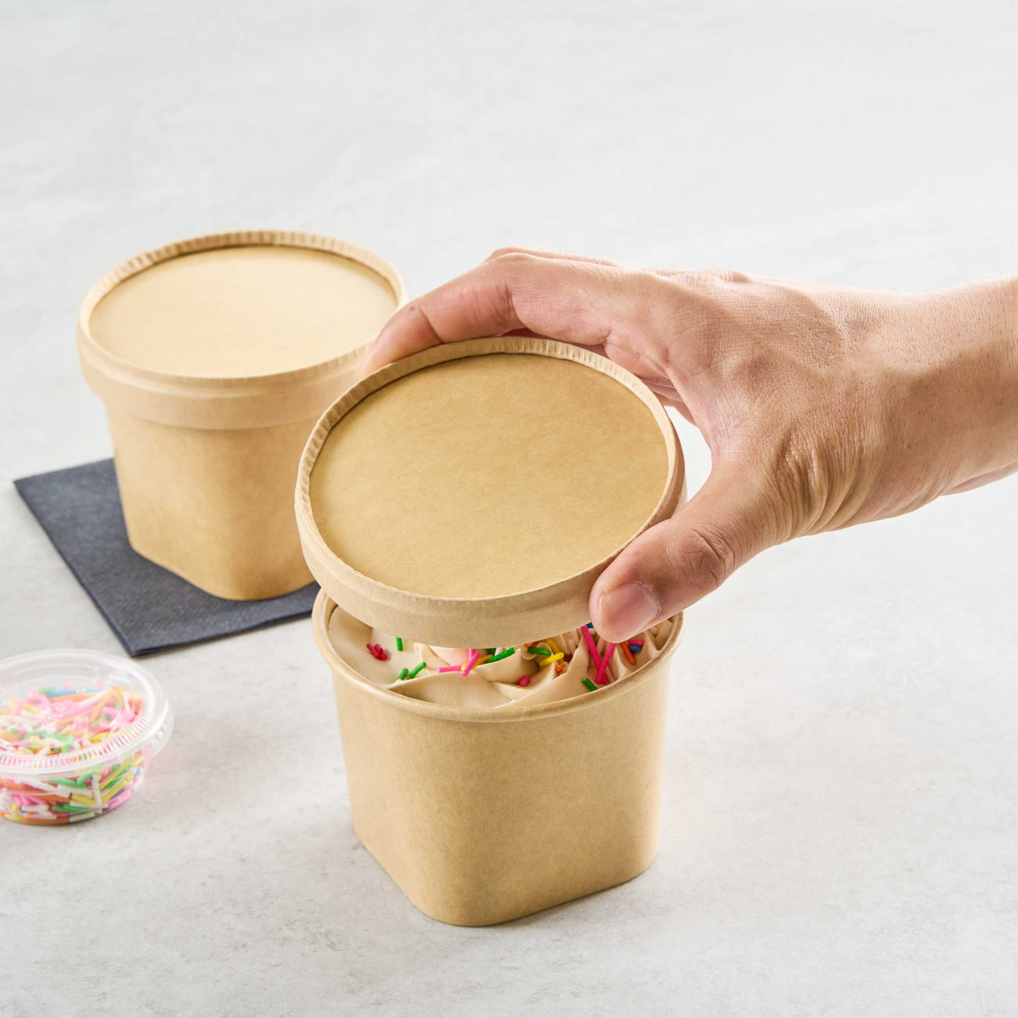 Coppetta Round Brown Paper Lid - Fits 12 oz To Go Cup, with Spoon - 3 3/4" x 3 3/4" x 1/2" - 50 count box
