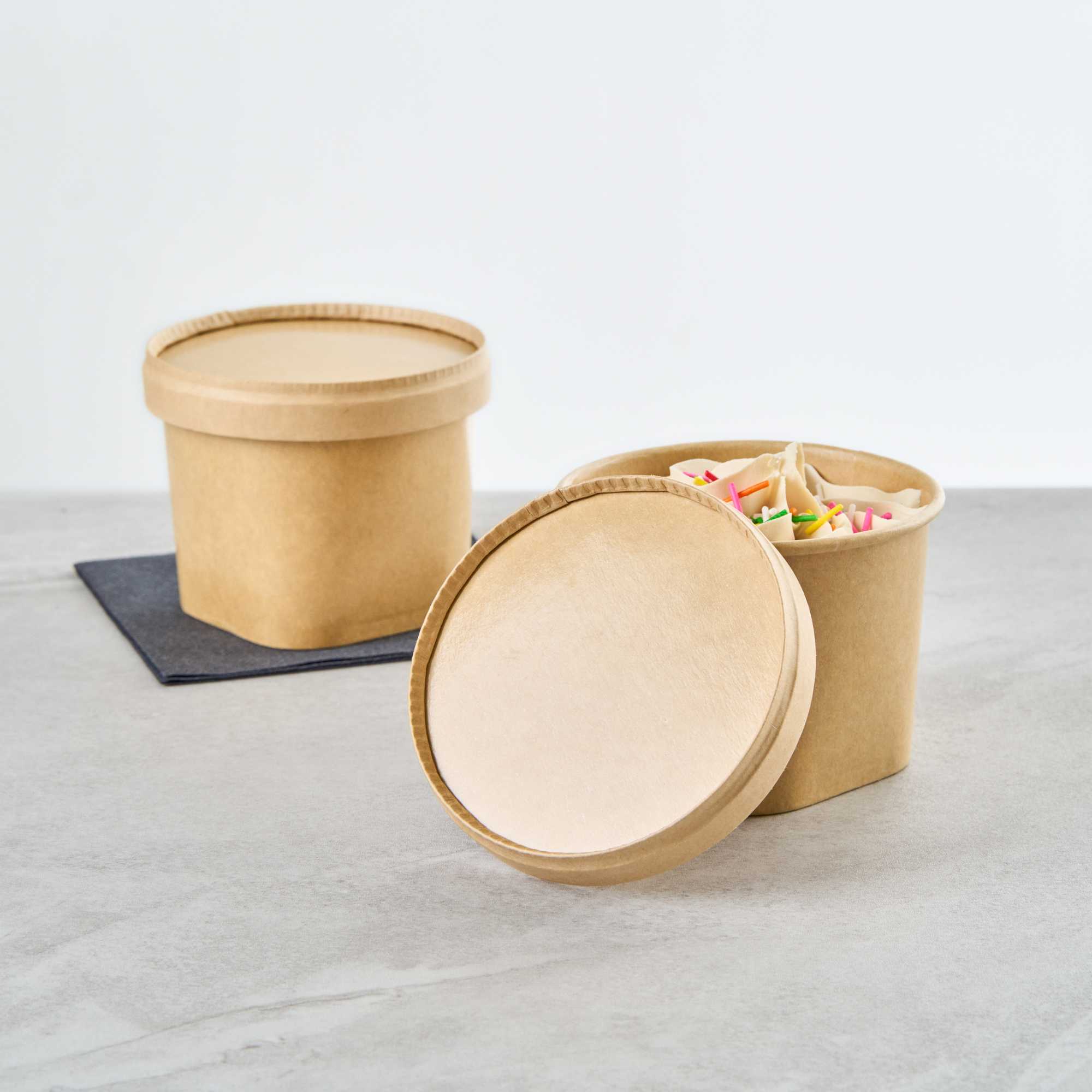 Coppetta Round Brown Paper Lid - Fits 12 oz To Go Cup, with Spoon - 3 3/4" x 3 3/4" x 1/2" - 50 count box