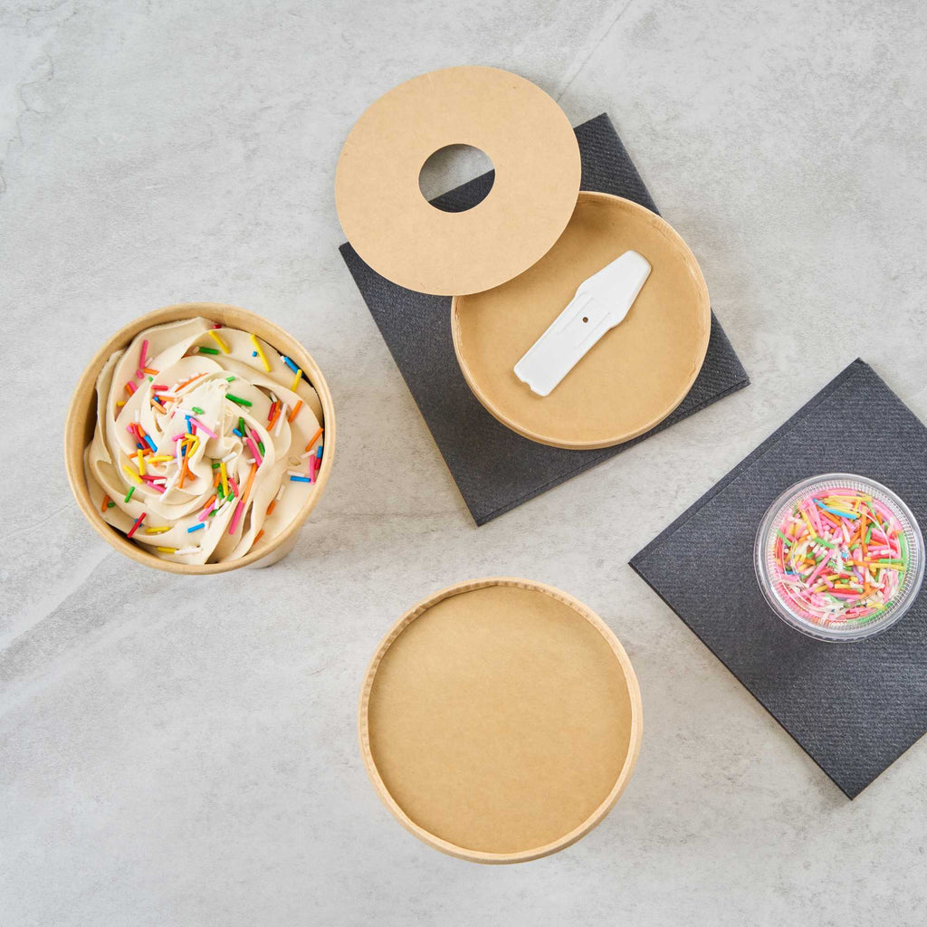 Coppetta Round Brown Paper Lid - Fits 12 oz To Go Cup, with Spoon - 3 3/4" x 3 3/4" x 1/2" - 50 count box
