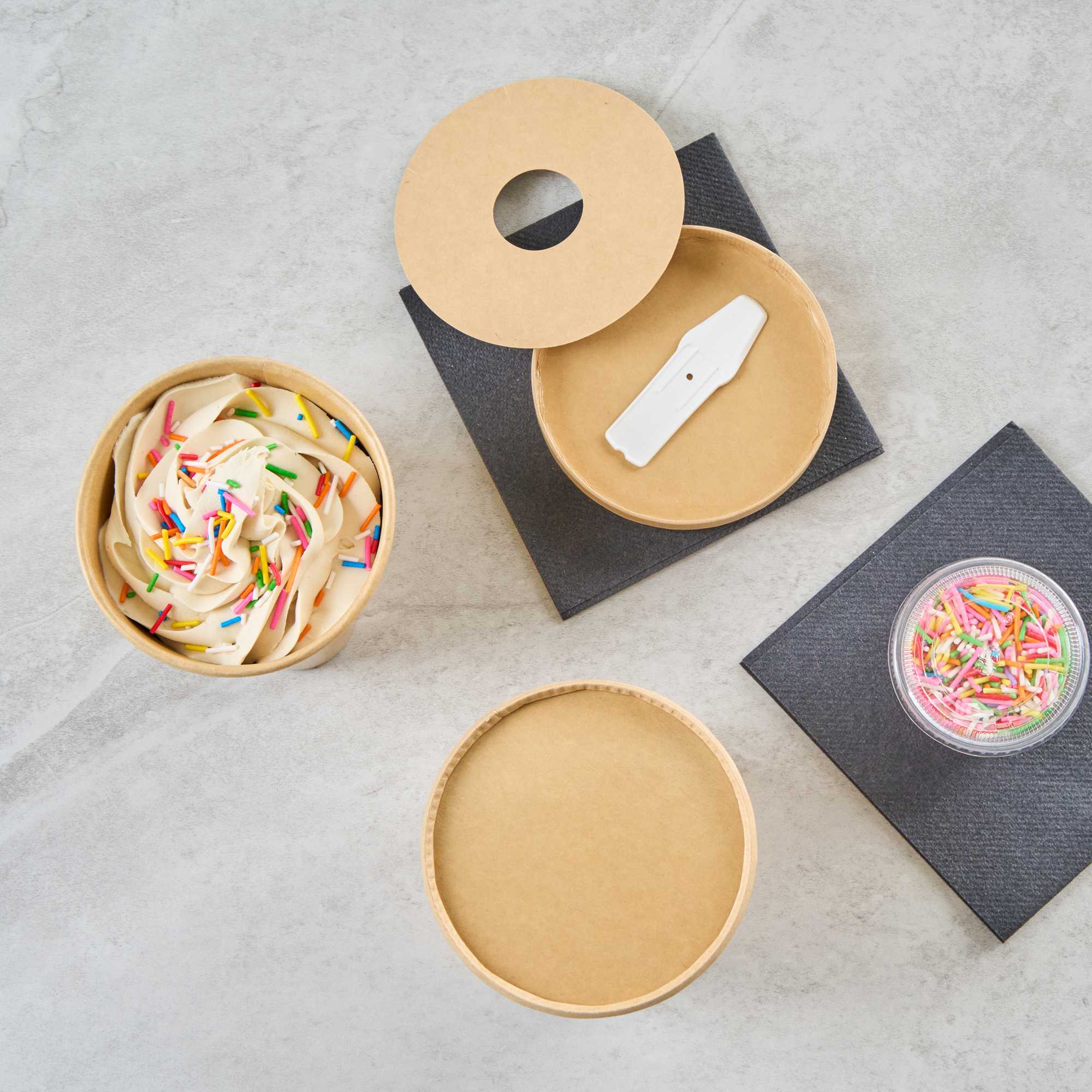 Coppetta Round Brown Paper Lid - Fits 12 oz To Go Cup, with Spoon - 3 3/4" x 3 3/4" x 1/2" - 50 count box