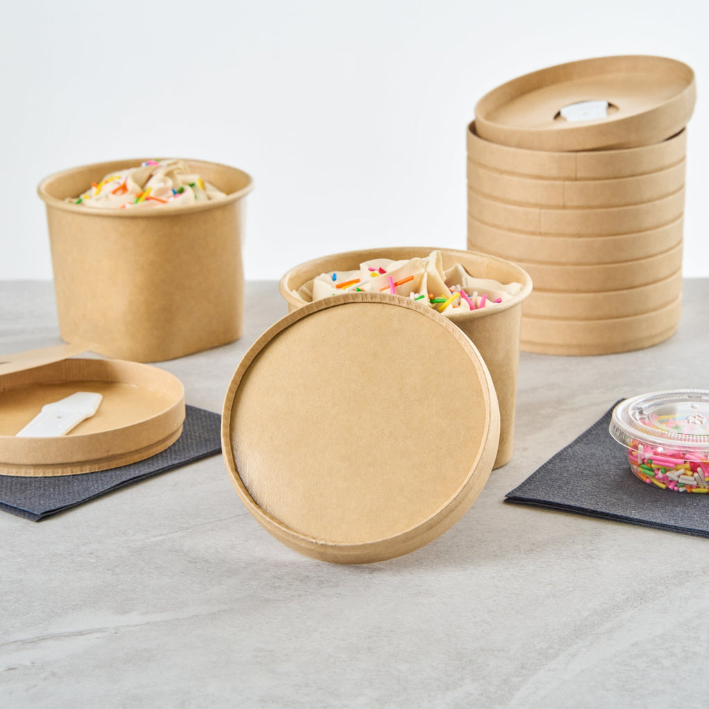 Coppetta Round Brown Paper Lid - Fits 12 oz To Go Cup, with Spoon - 3 3/4" x 3 3/4" x 1/2" - 200 count box