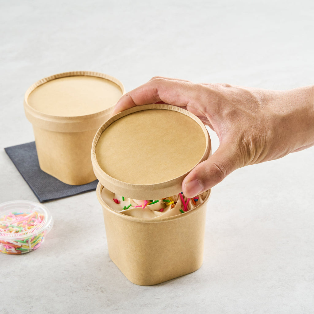 Coppetta Round Brown Paper Lid - Fits 12 oz To Go Cup, with Spoon - 3 3/4" x 3 3/4" x 1/2" - 200 count box