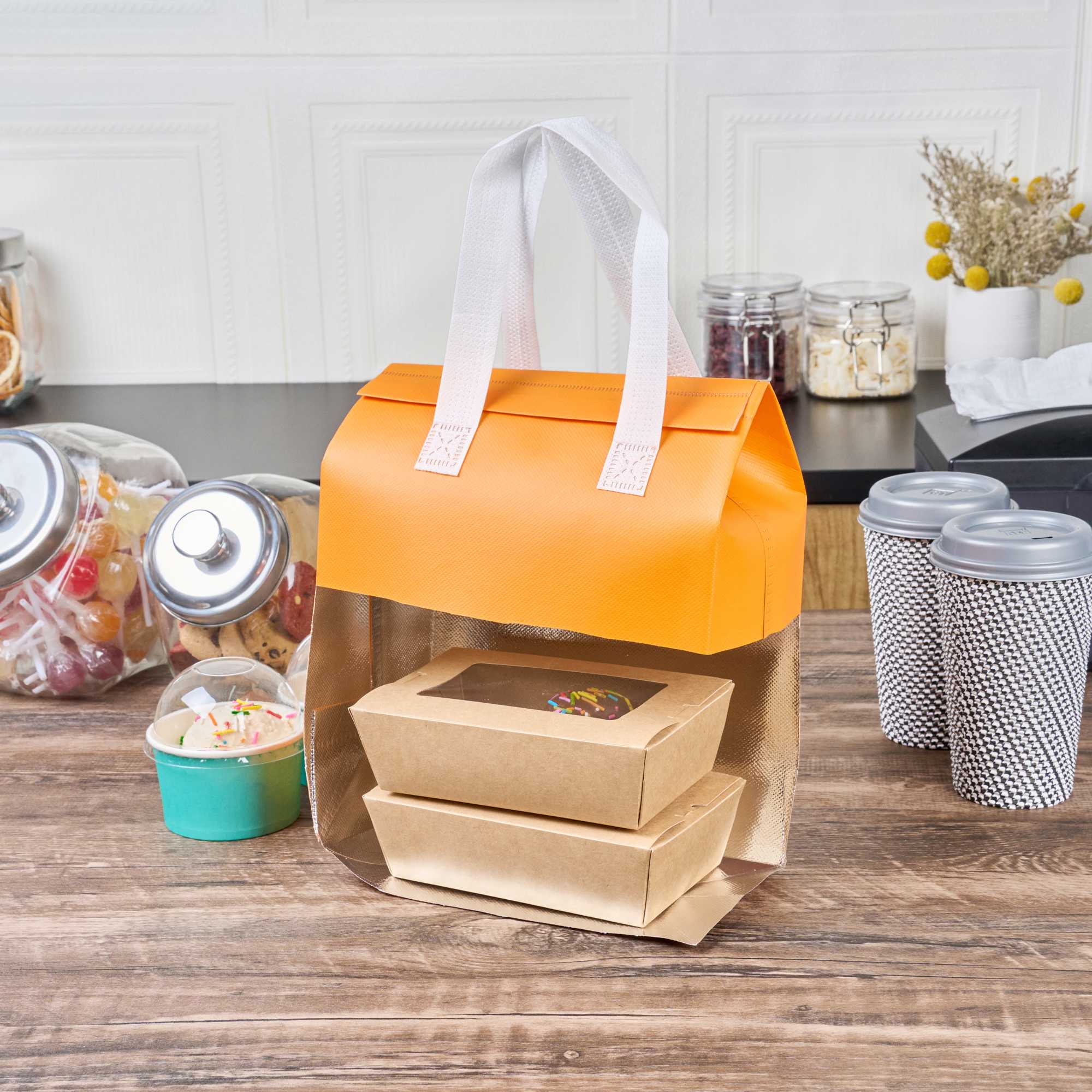 Bag Tek Orange Insulated Take Out Bag - Tamper-Evident - 8 1/4" x 4 1/4" x 10 3/4" - 25 count box