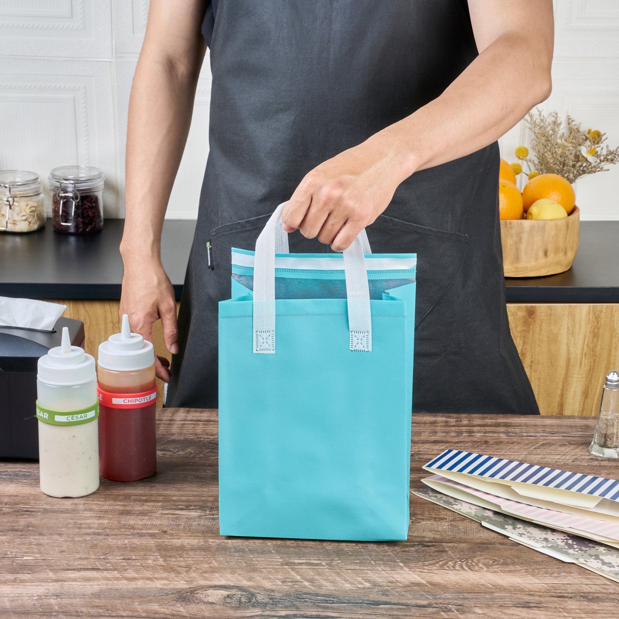 Bag Tek Teal Insulated Take Out Bag - Tamper-Evident - 8 1/4" x 4 1/4" x 10 3/4" - 100 count box