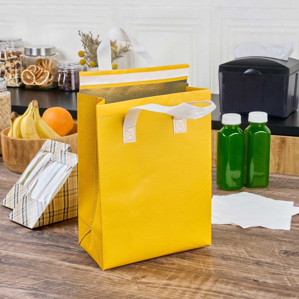 Bag Tek Yellow Insulated Take Out Bag - Tamper-Evident - 8 1/4" x 4 1/4" x 10 3/4" - 25 count box