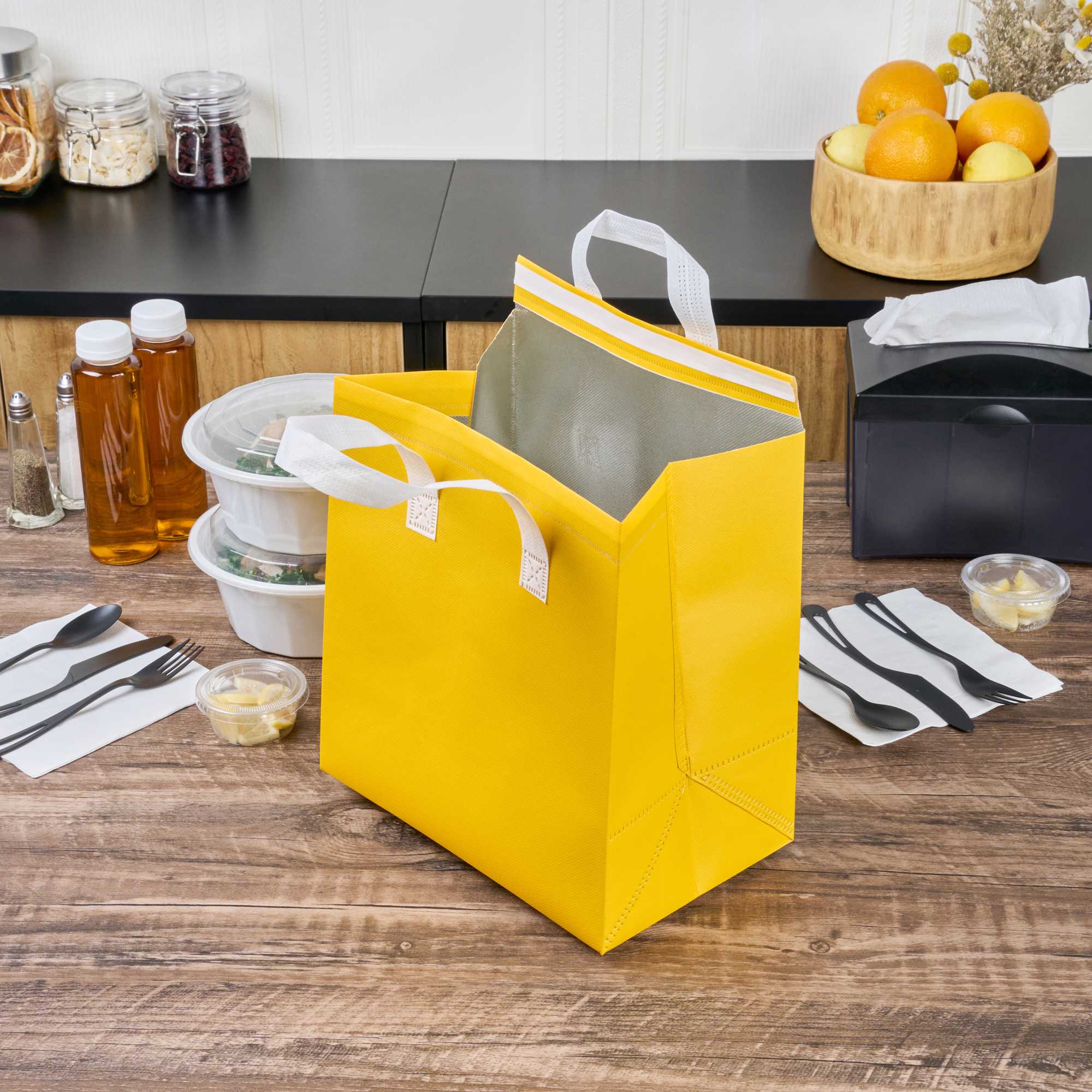 Bag Tek Yellow Insulated Take Out Bag - Tamper-Evident - 10 1/4" x 6 3/4" x 11" - 25 count box