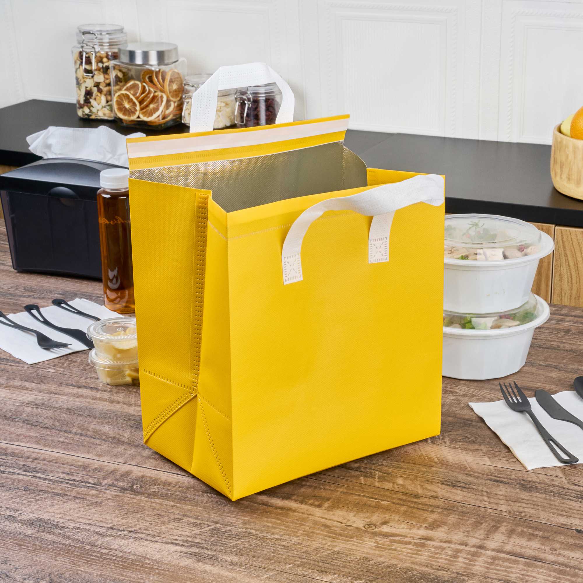 Bag Tek Yellow Insulated Take Out Bag - Tamper-Evident - 10 1/4" x 6 3/4" x 11" - 25 count box
