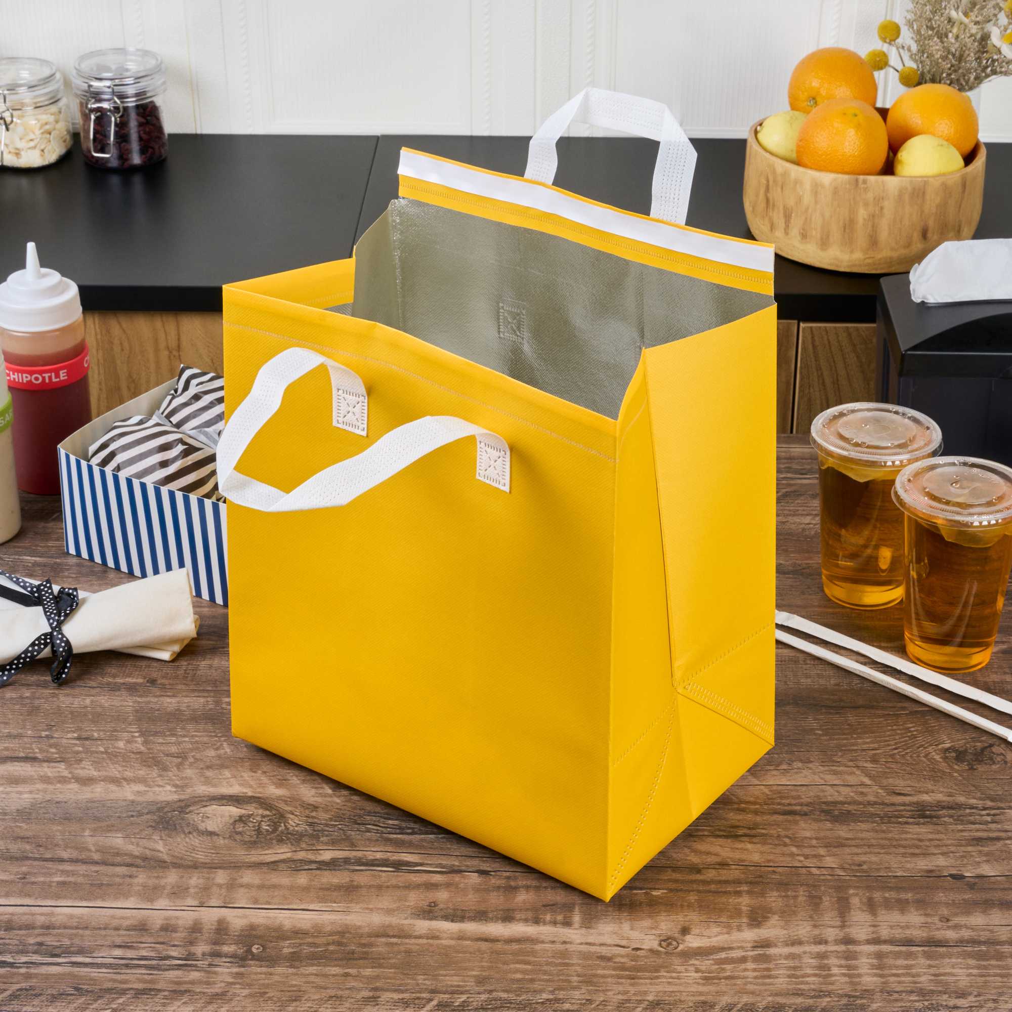 Bag Tek Yellow Insulated Take Out Bag - Tamper-Evident - 11 3/4" x 7 3/4" x 12 1/2" - 25 count box