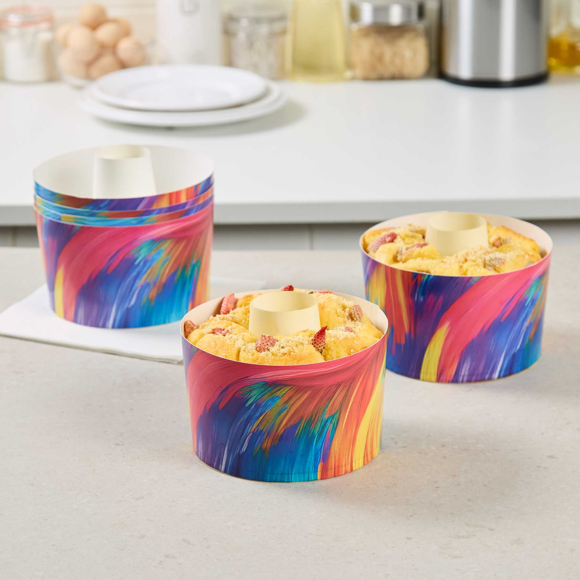 Panificio 53 oz Paper Angel Food Tube Pan - Colorful Abstract Waves, Greaseproof - 5 3/4" x 5 3/4" x 3 3/4" - 100 count box