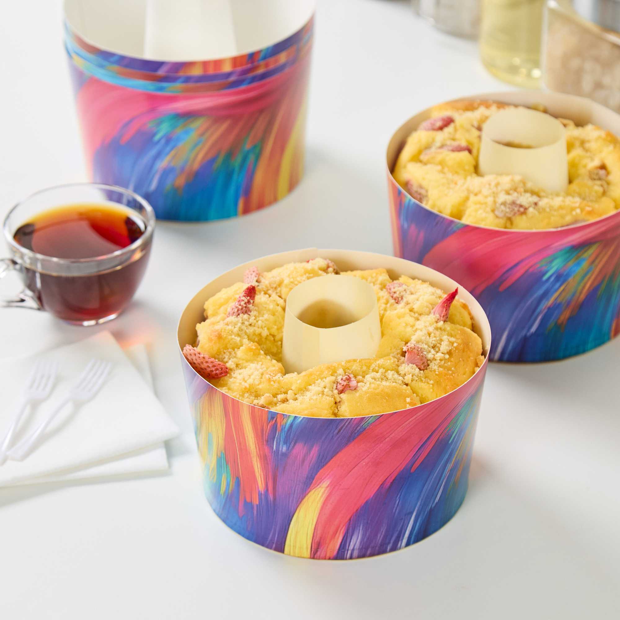 Panificio 53 oz Paper Angel Food Tube Pan - Colorful Abstract Waves, Greaseproof - 5 3/4" x 5 3/4" x 3 3/4" - 100 count box