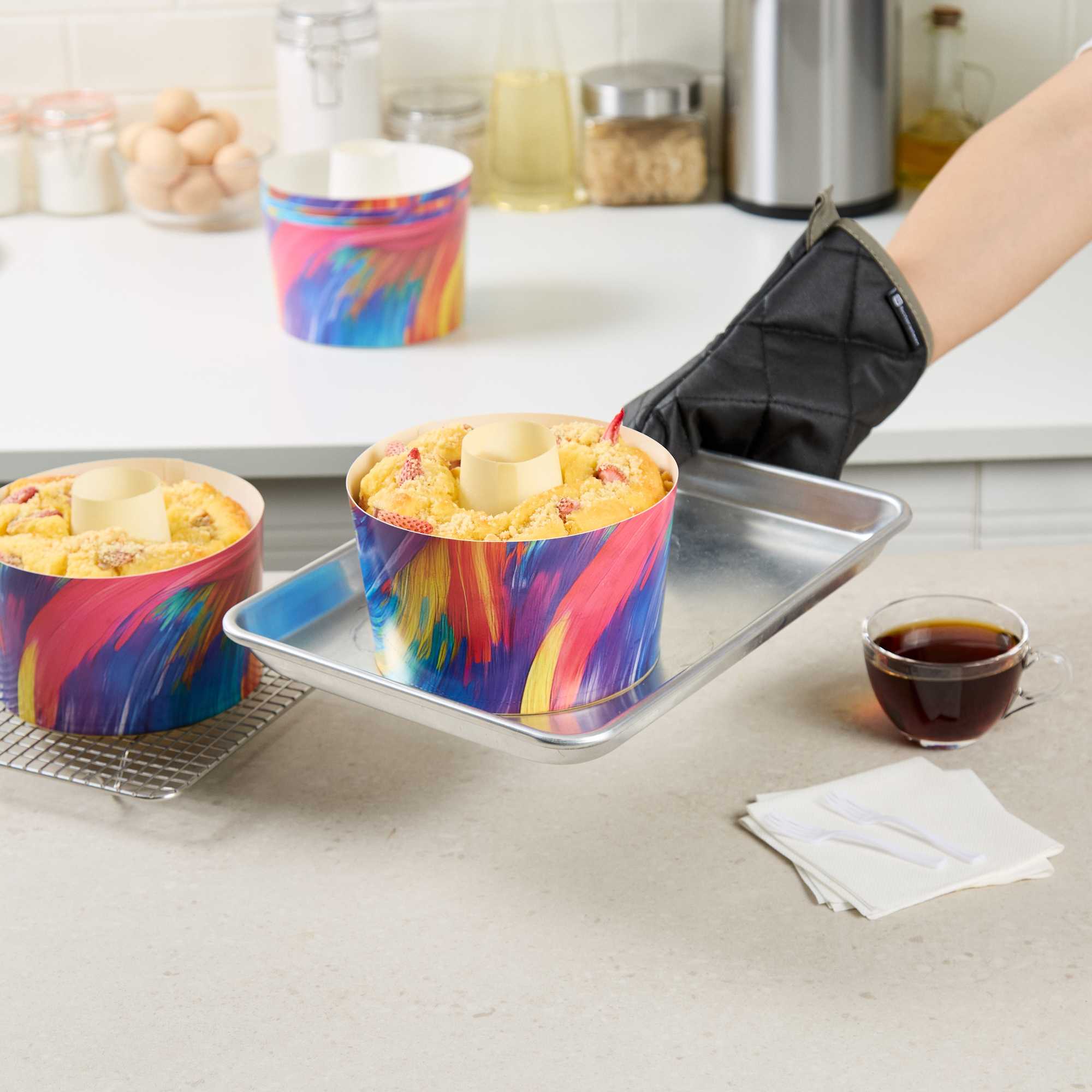 Panificio 53 oz Paper Angel Food Tube Pan - Colorful Abstract Waves, Greaseproof - 5 3/4" x 5 3/4" x 3 3/4" - 100 count box