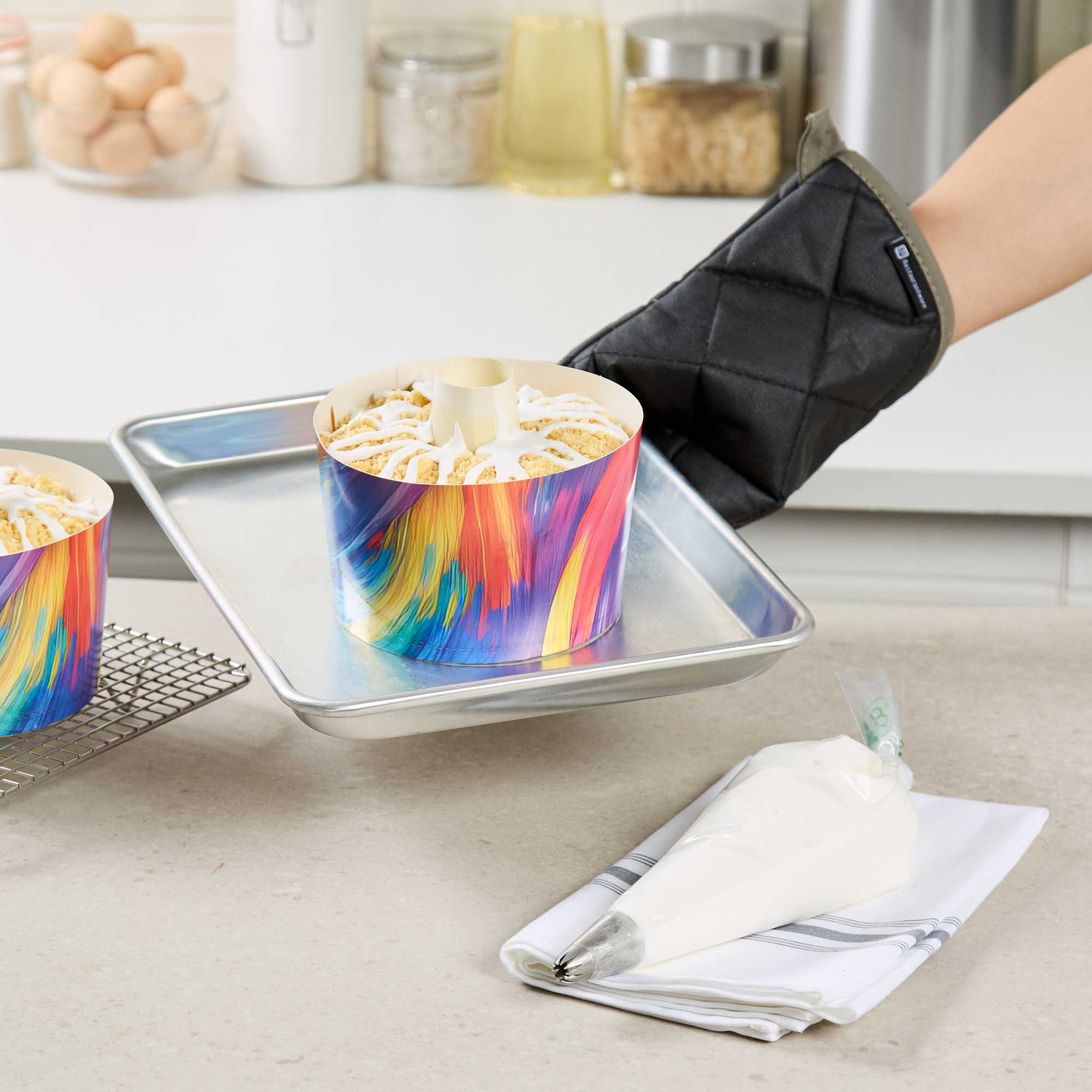 Panificio 38 oz Paper Angel Food Tube Pan - Colorful Abstract Waves, Greaseproof - 5" x 5" x 3 3/4" - 100 count box