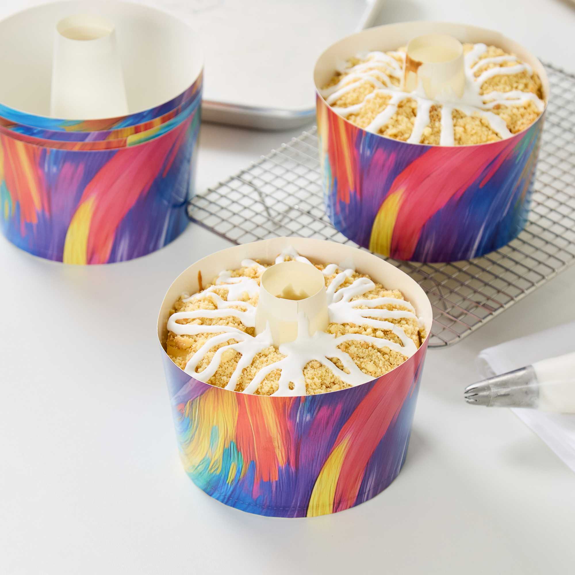 Panificio 38 oz Paper Angel Food Tube Pan - Colorful Abstract Waves, Greaseproof - 5" x 5" x 3 3/4" - 600 count box