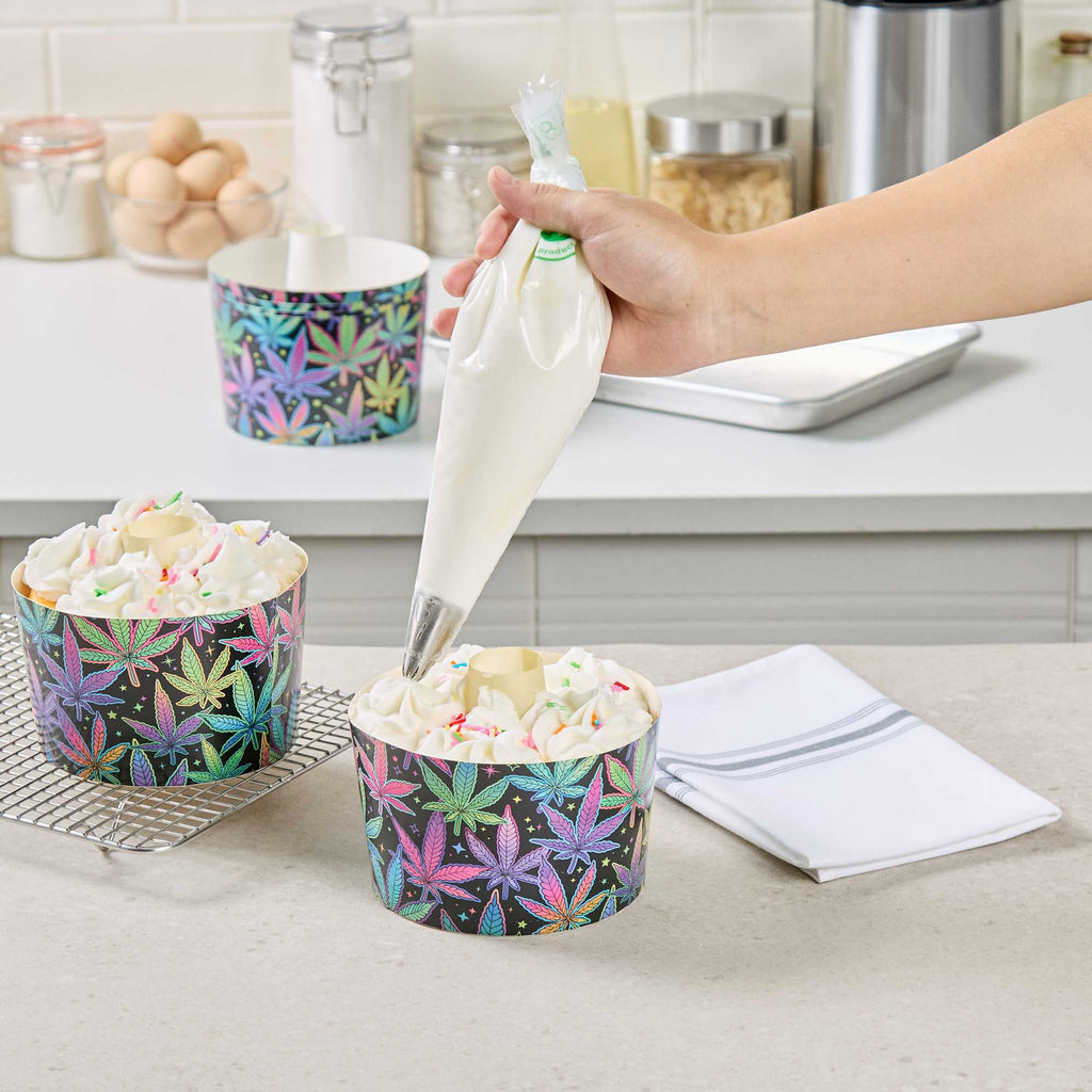 Panificio 38 oz Paper Angel Food Tube Pan - Trippy Leaf Print, Greaseproof - 5" x 5" x 3 3/4" - 600 count box