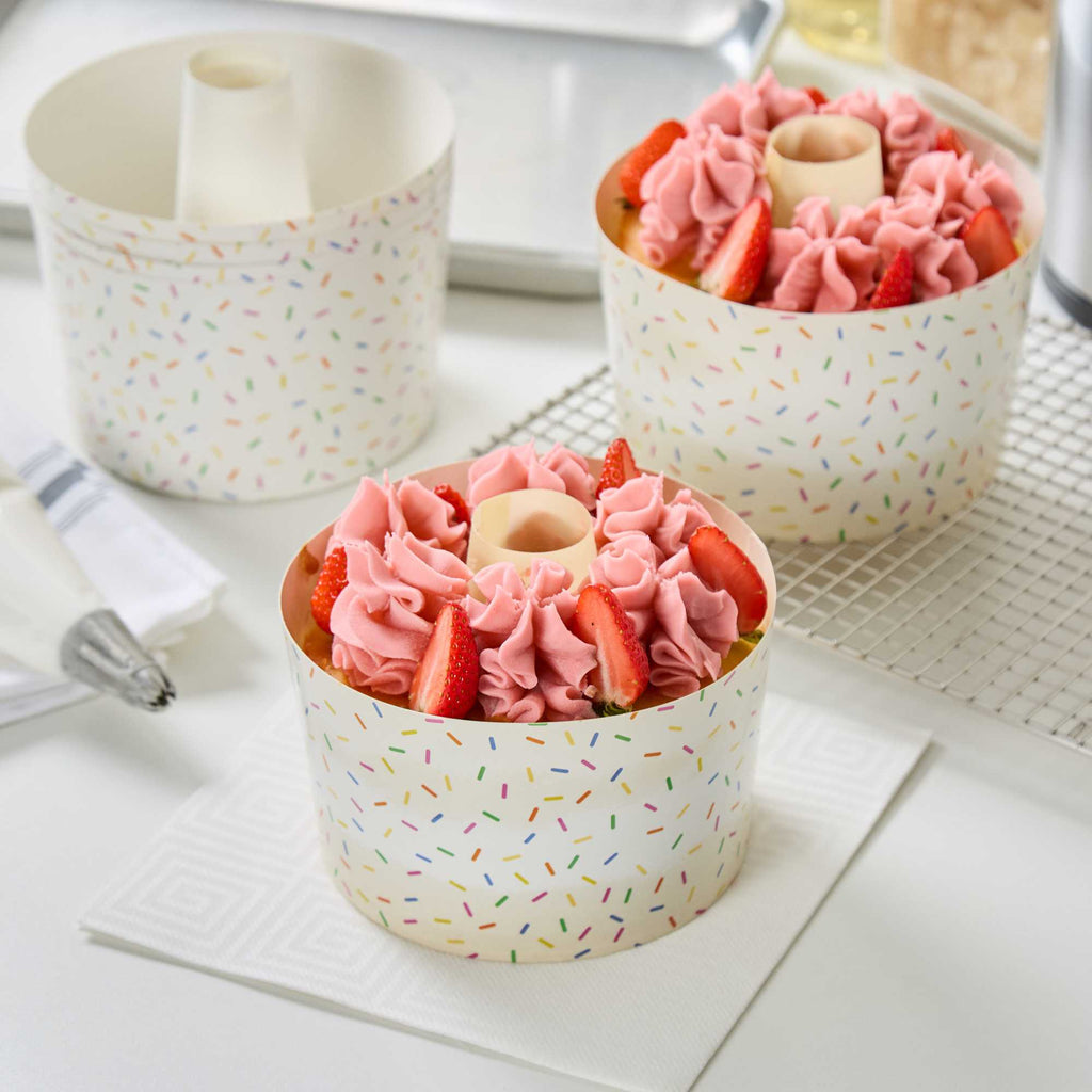 Panificio 38 oz Paper Angel Food Tube Pan - Colorful Confetti, Greaseproof - 5" x 5" x 3 3/4" - 100 count box