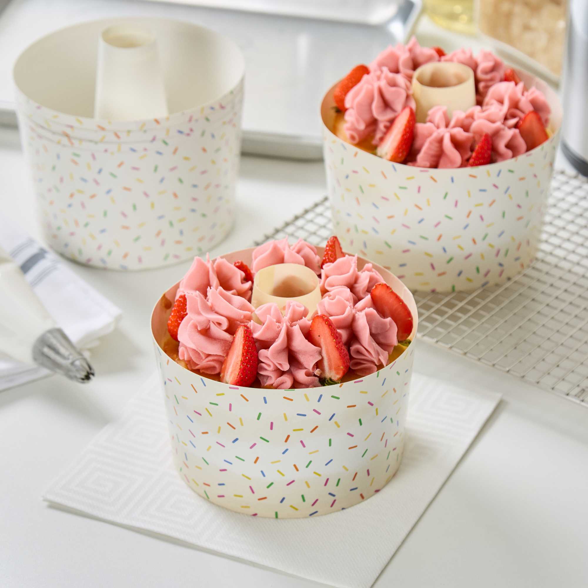 Panificio 38 oz Paper Angel Food Tube Pan - Colorful Confetti, Greaseproof - 5" x 5" x 3 3/4" - 100 count box