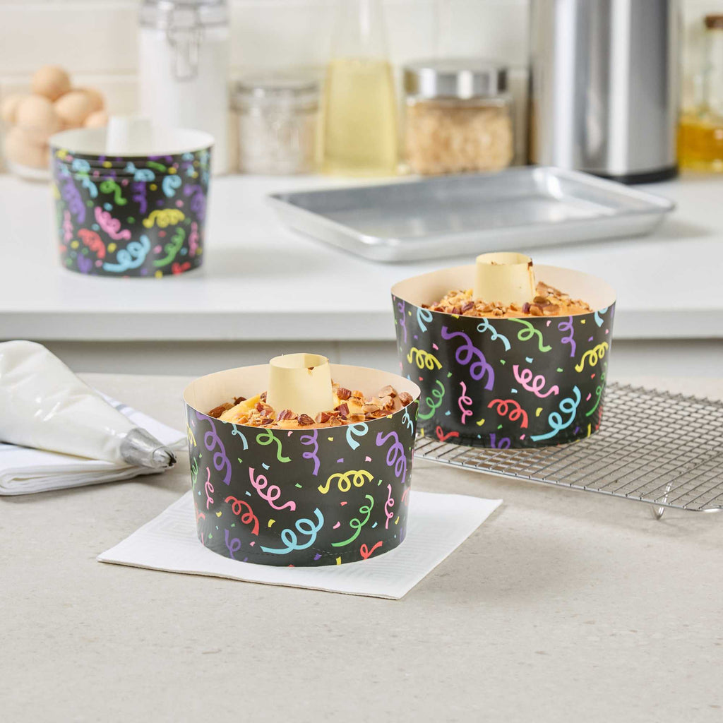 Panificio 38 oz Paper Angel Food Tube Pan - Colorful Streamers, Greaseproof - 5" x 5" x 3 3/4" - 100 count box