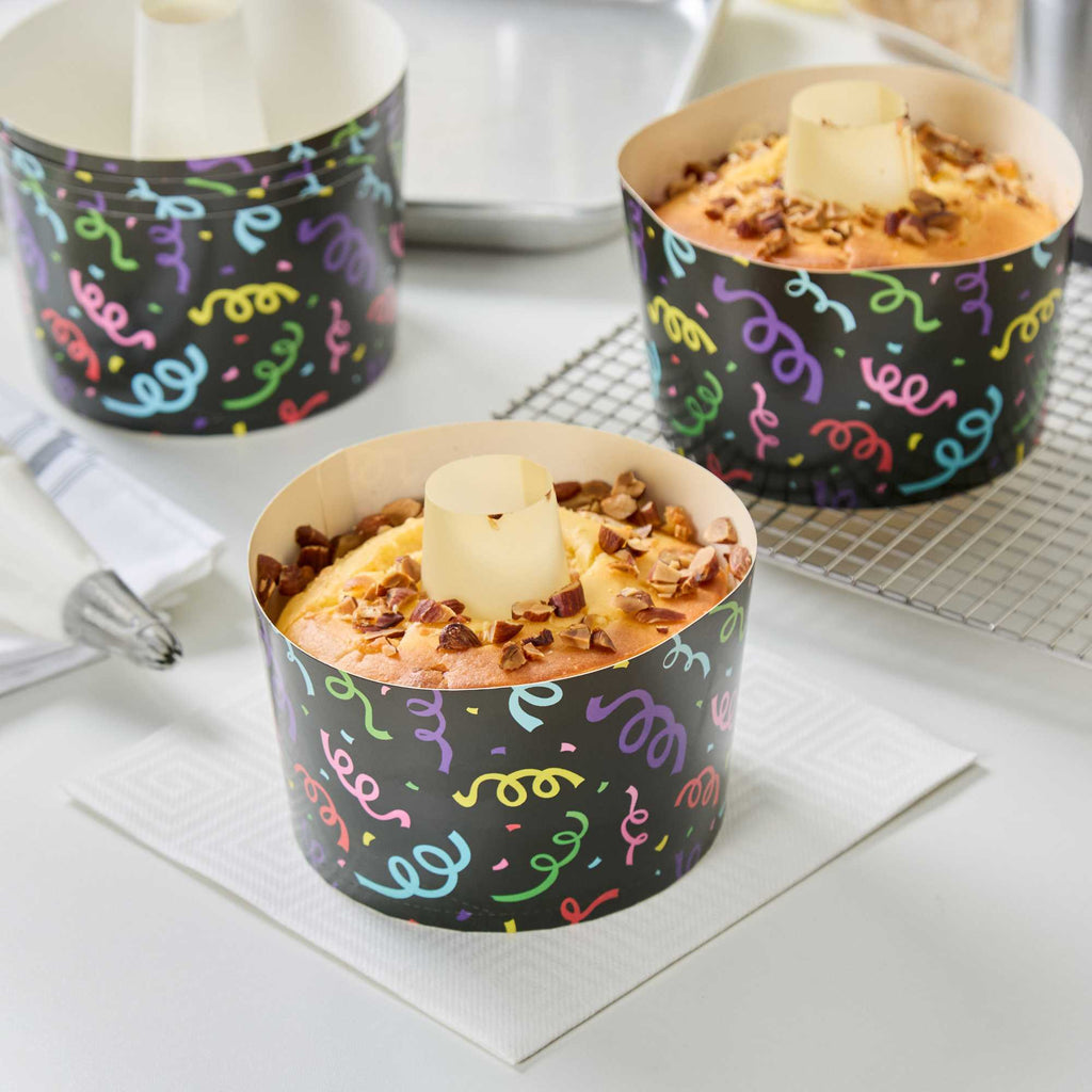 Panificio 38 oz Paper Angel Food Tube Pan - Colorful Streamers, Greaseproof - 5" x 5" x 3 3/4" - 100 count box