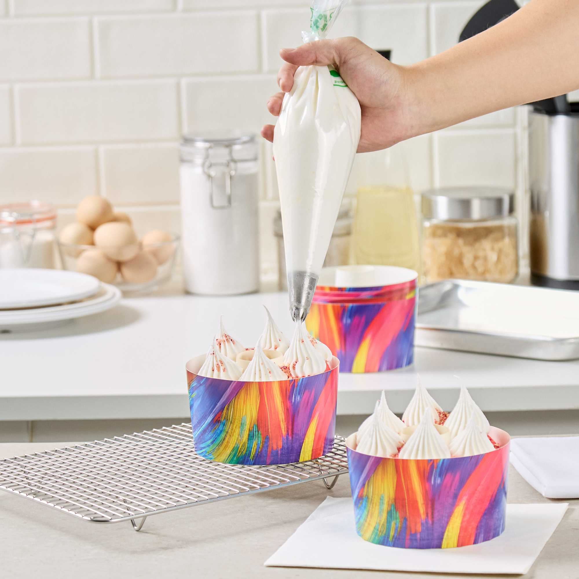Panificio 22 oz Paper Angel Food Tube Pan - Colorful Abstract Waves, Greaseproof - 4 1/2" x 4 1/2" x 2 3/4" - 100 count box