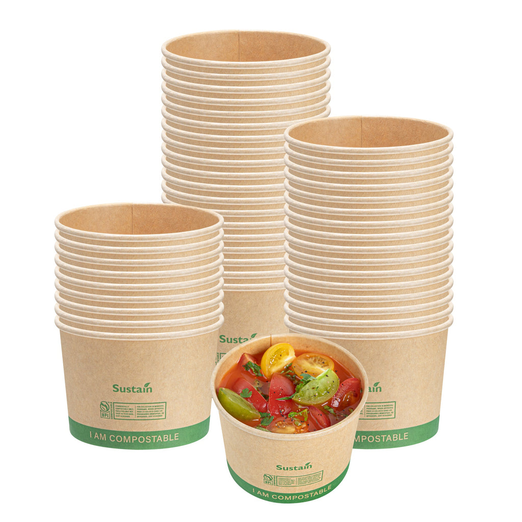 Sustain 8 oz Round Kraft Paper Soup Container - Compostable - 3 1/2" x 3 1/2" x 2 1/2" - 200 count box