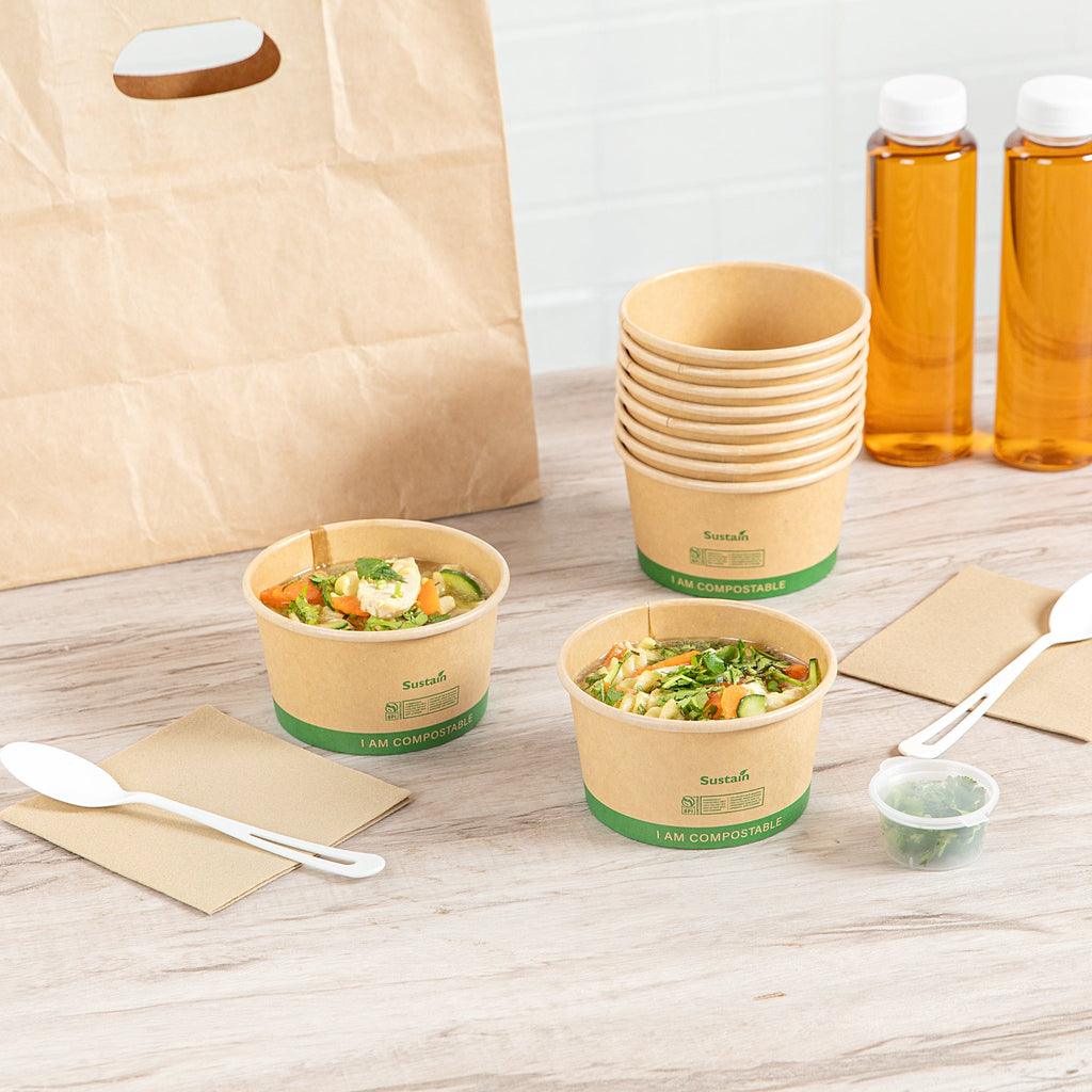 Sustain 12 oz Round Kraft Paper Soup Container - Compostable - 4 1/2" x 4 1/2" x 2 1/2" - 200 count box