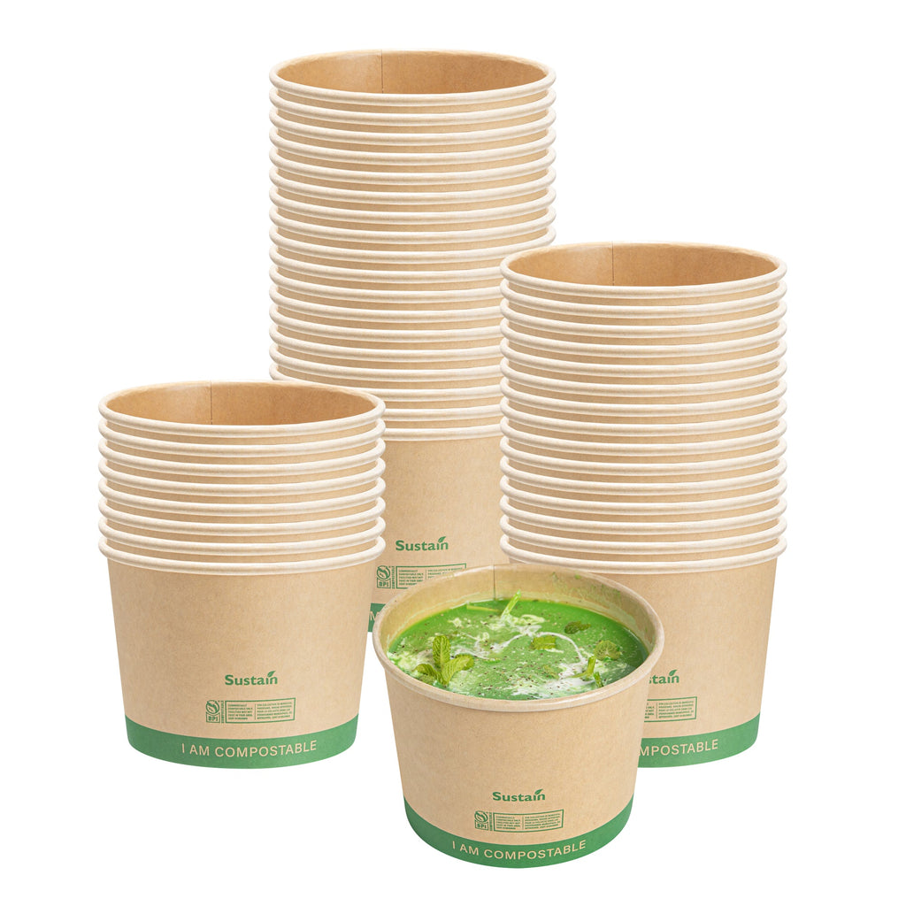 Sustain 16 oz Round Kraft Paper Soup Container - Compostable - 4 1/2" x 4 1/2" x 3 1/4" - 25 count box