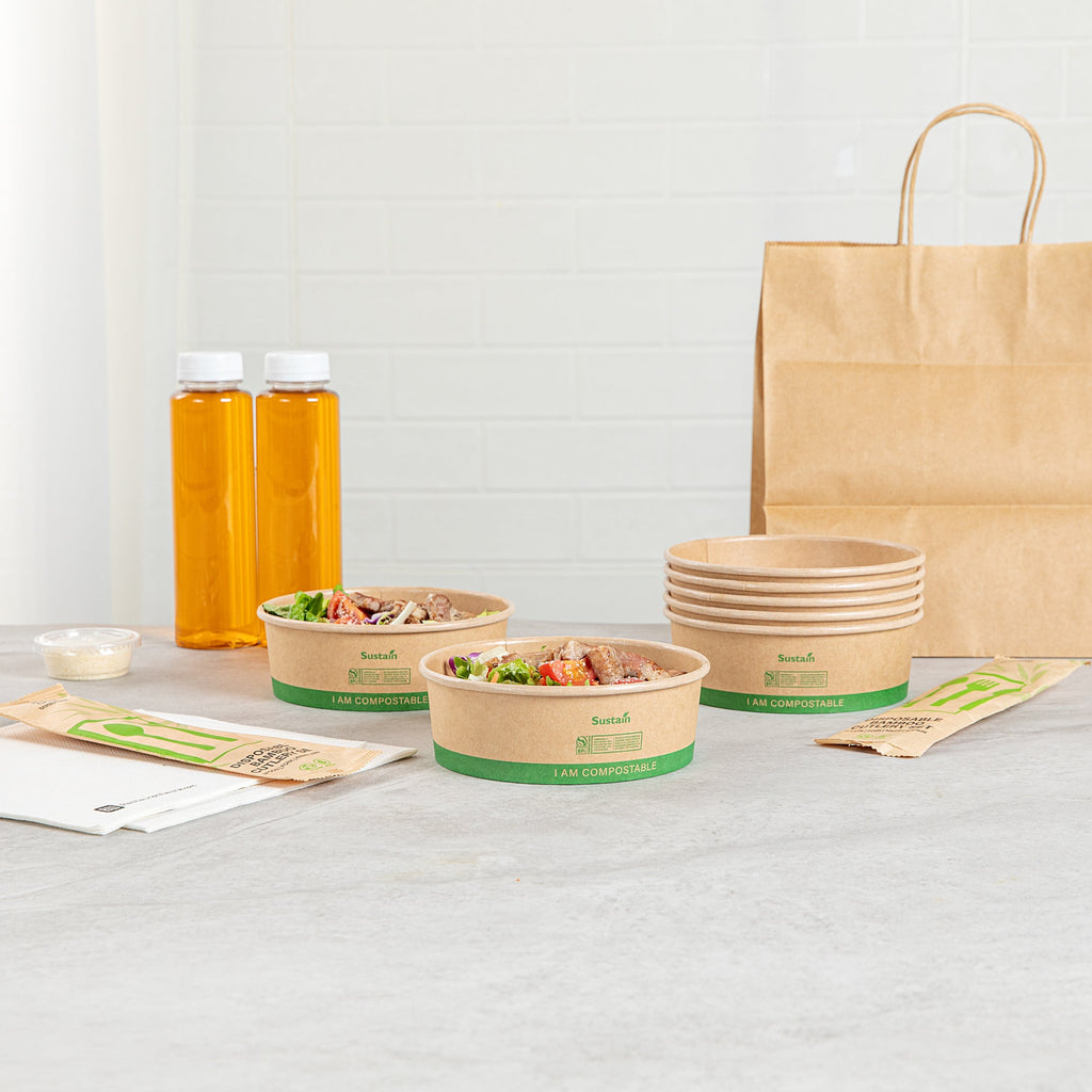 Sustain 17 oz Round Kraft Paper Take Out Container - Compostable - 5 3/4" x 5 3/4" x 2" - 50 count box