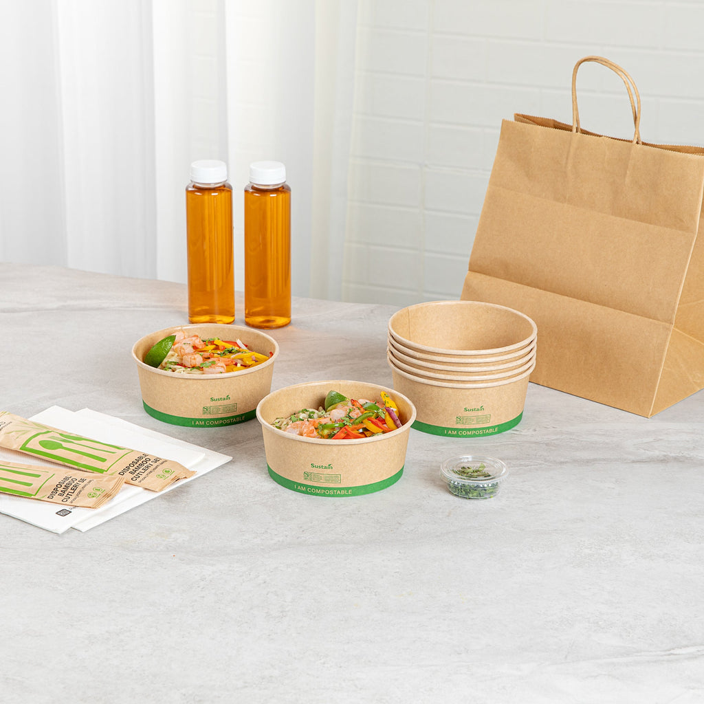 Sustain 25 oz Round Kraft Paper Take Out Container - Compostable - 5 3/4" x 5 3/4" x 2 1/4" - 50 count box